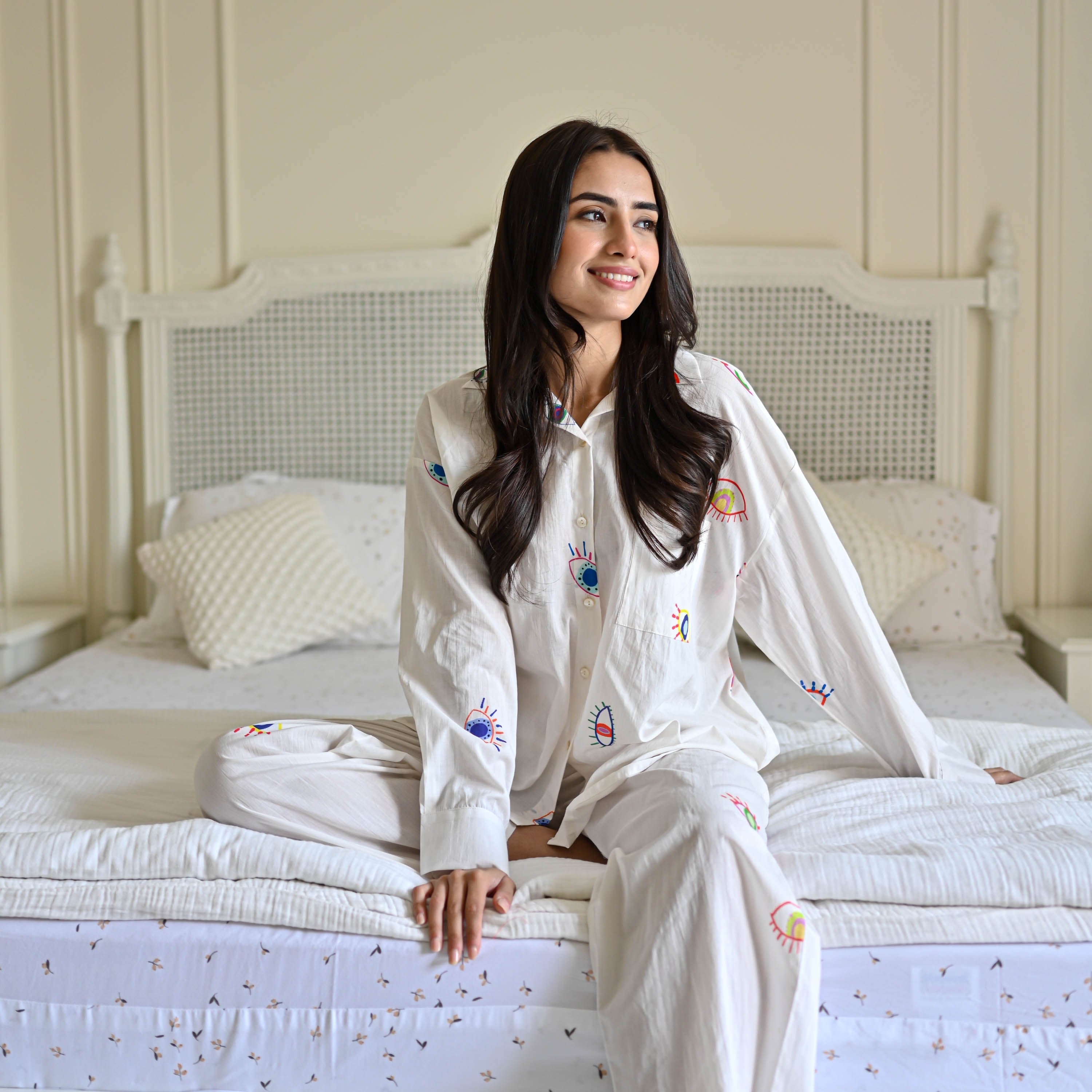 Evil Eye Print White Cotton Pyjama Set For Women Online