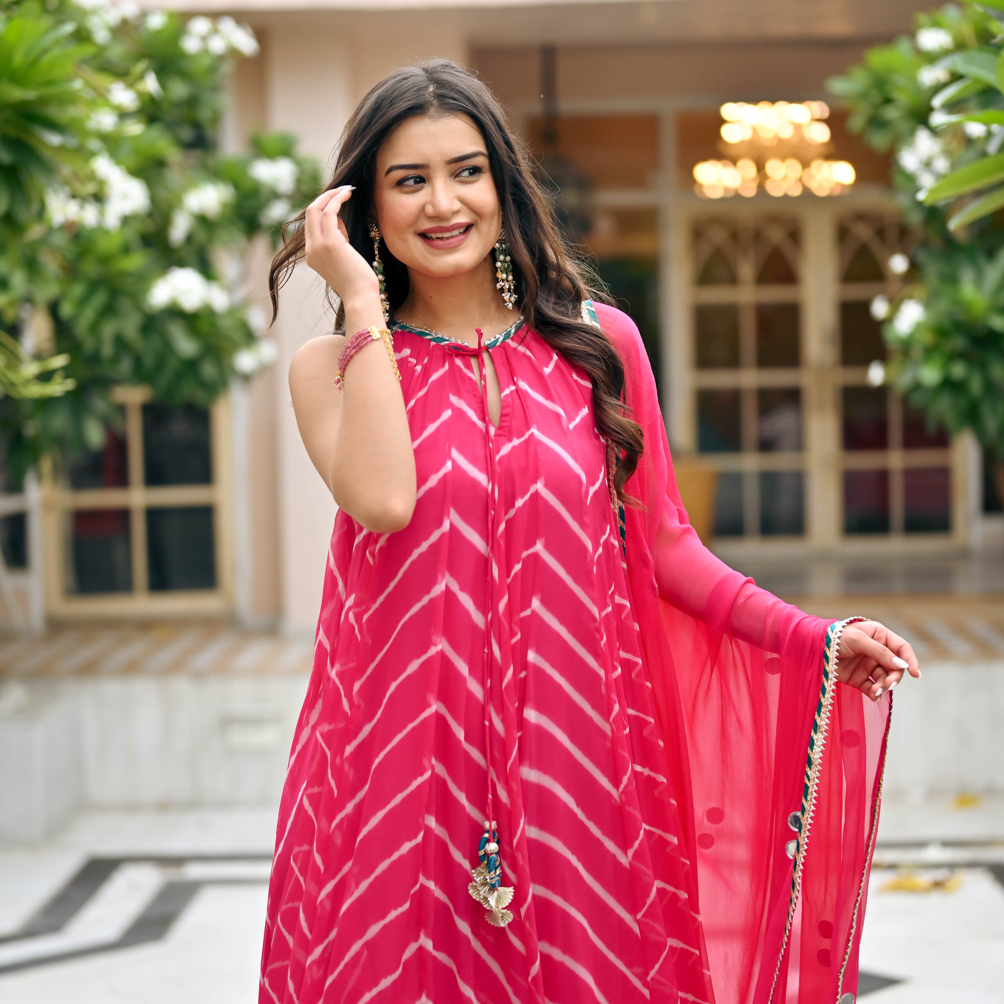 Pink Leheriya Anarkali Suit Set for Women Online