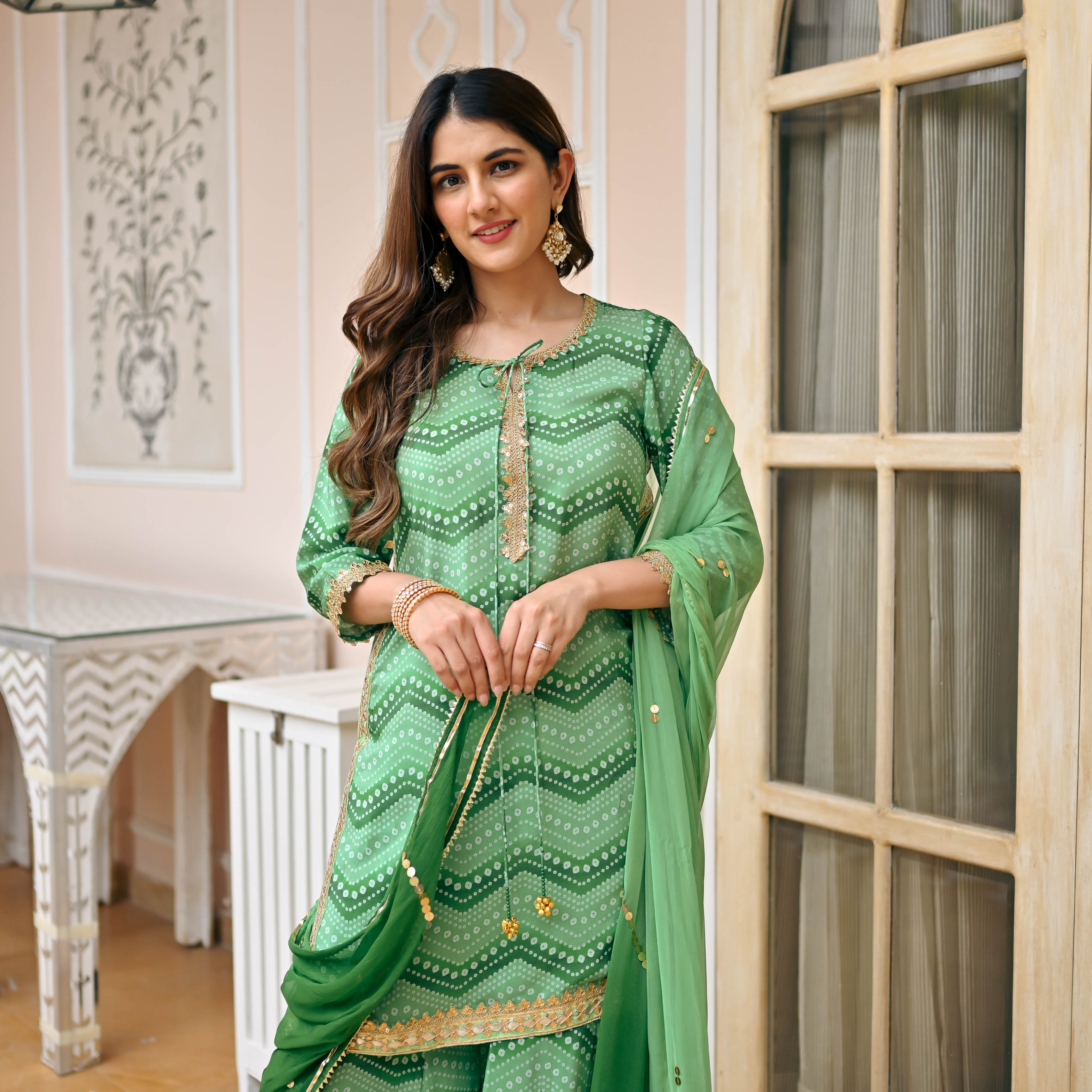Green Bandhej Sharara Suit Set for Women Online
