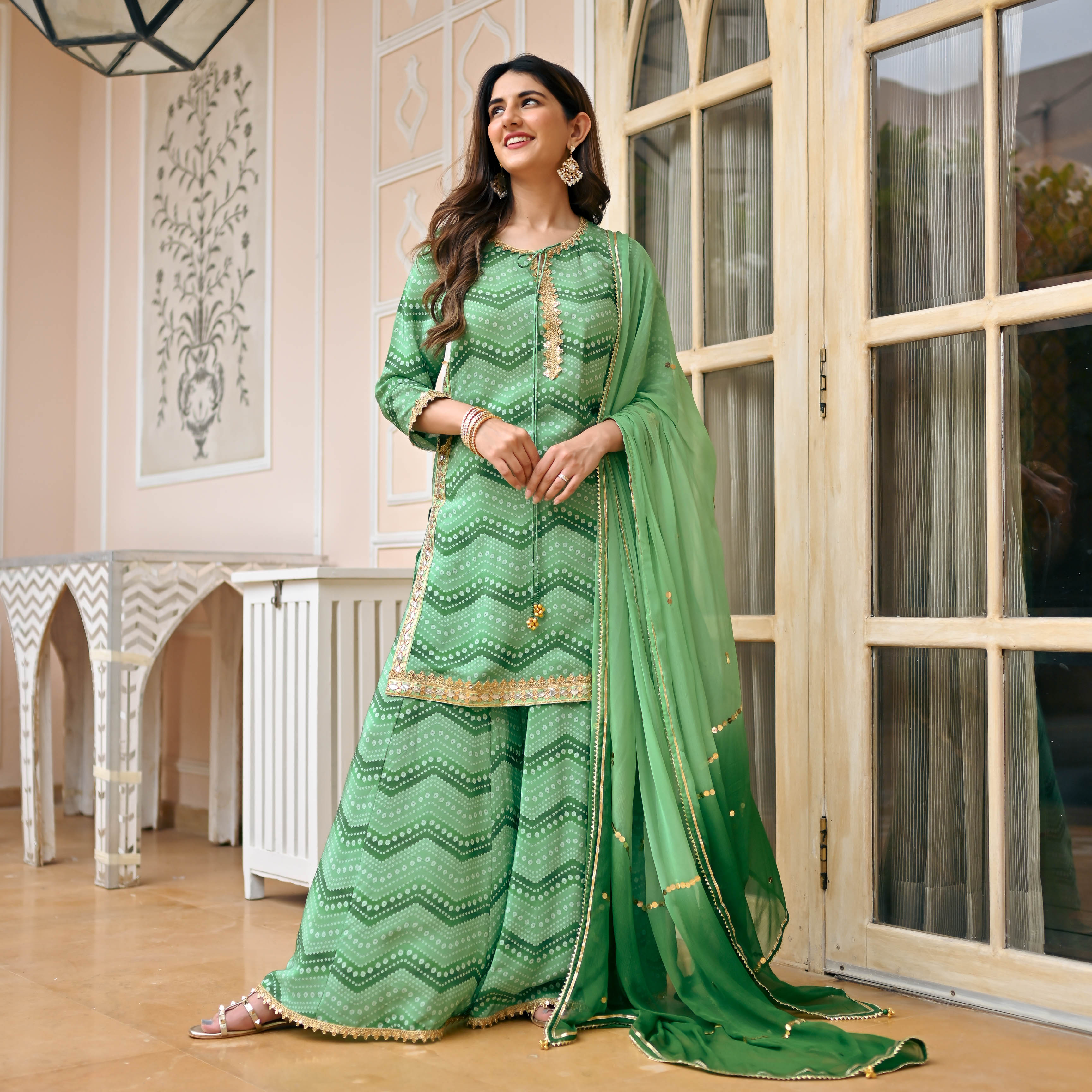 Green Bandhej Sharara Suit Set for Women Online