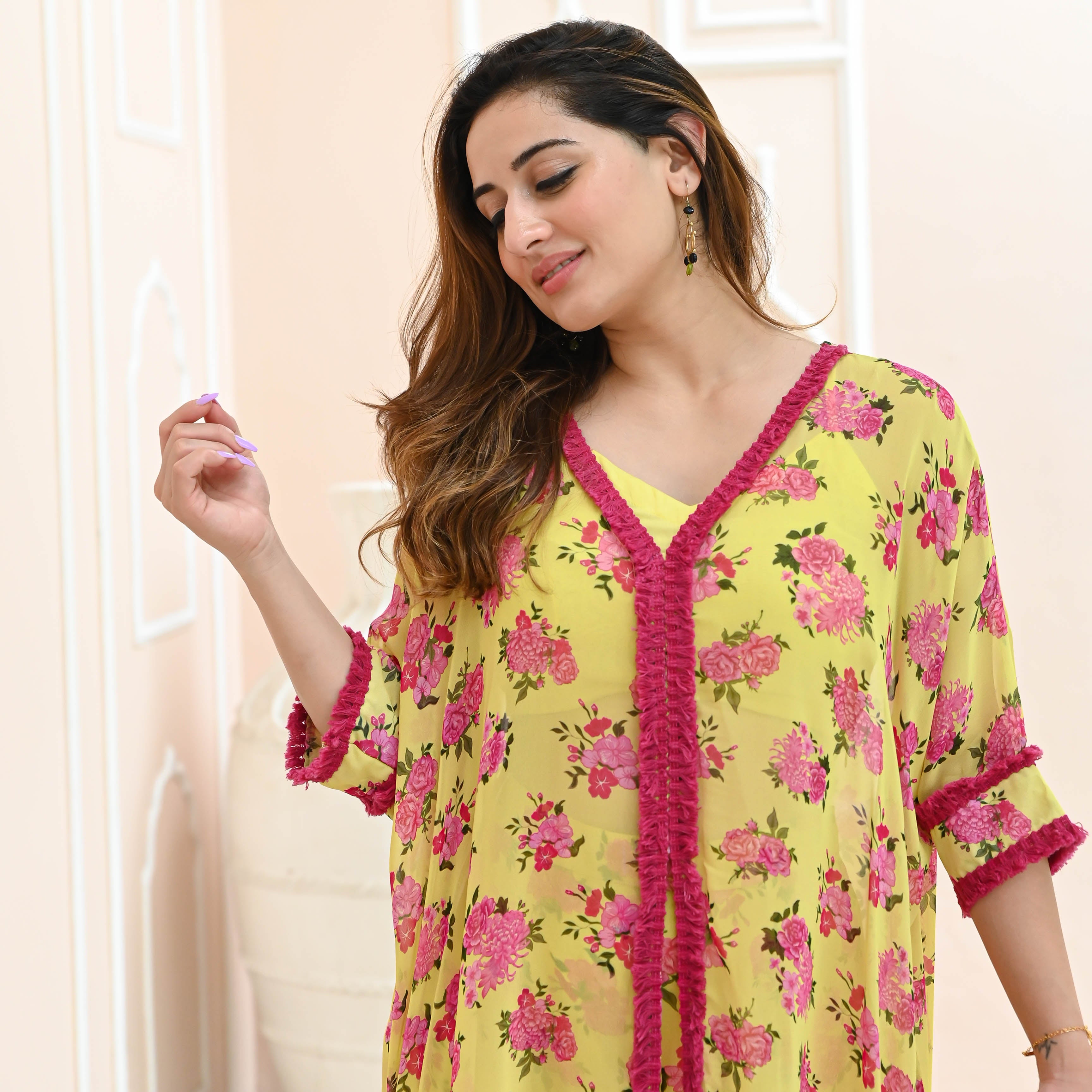 Yellow Pink Georgette Floral Co-ord Set for Women Online