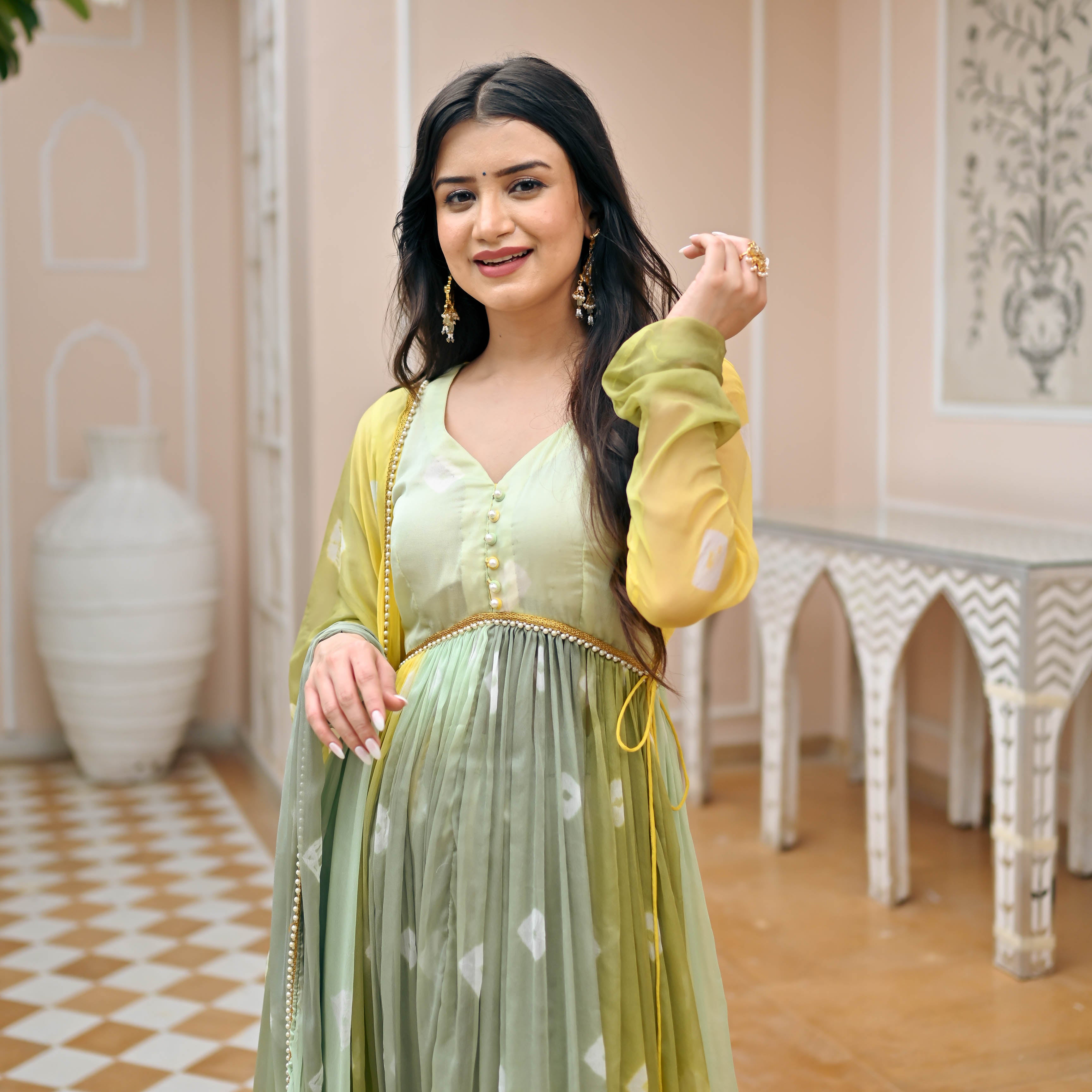 Yellow Olive Anarkali Suit Set for Women Online