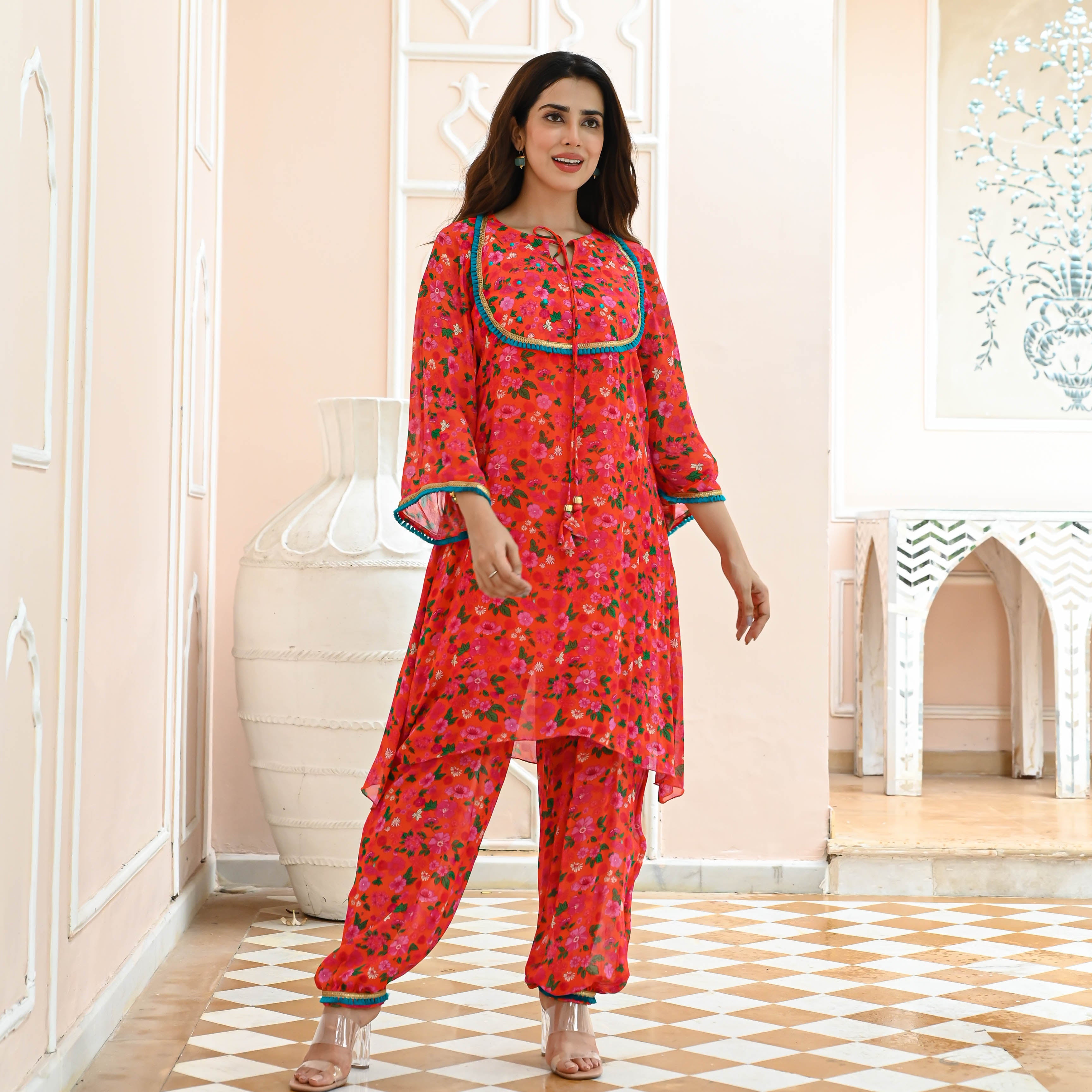 Bright Red Floral Designer Georgette Co-ord Set For Women Online