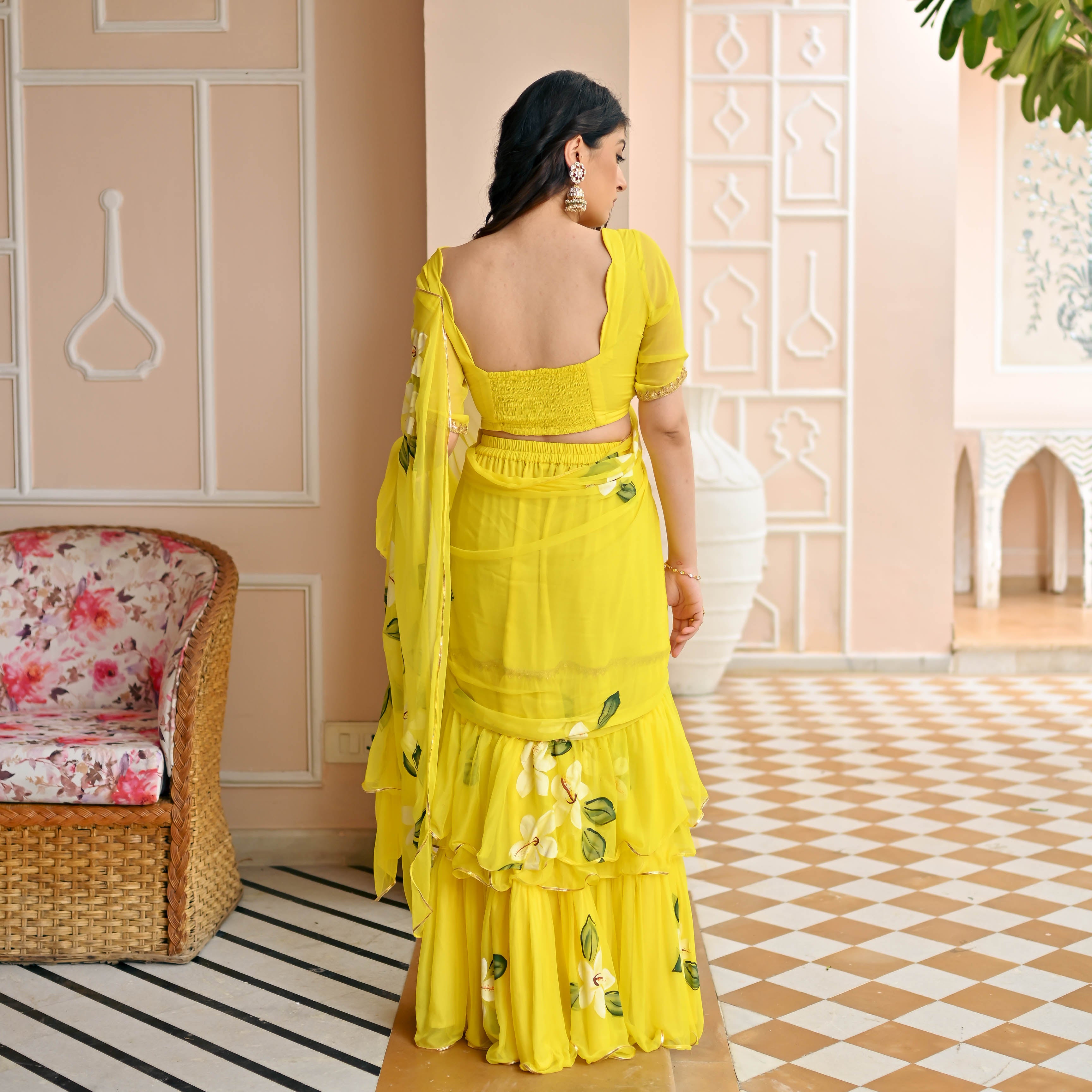 Yellow Handpainted Saree for Women Online
