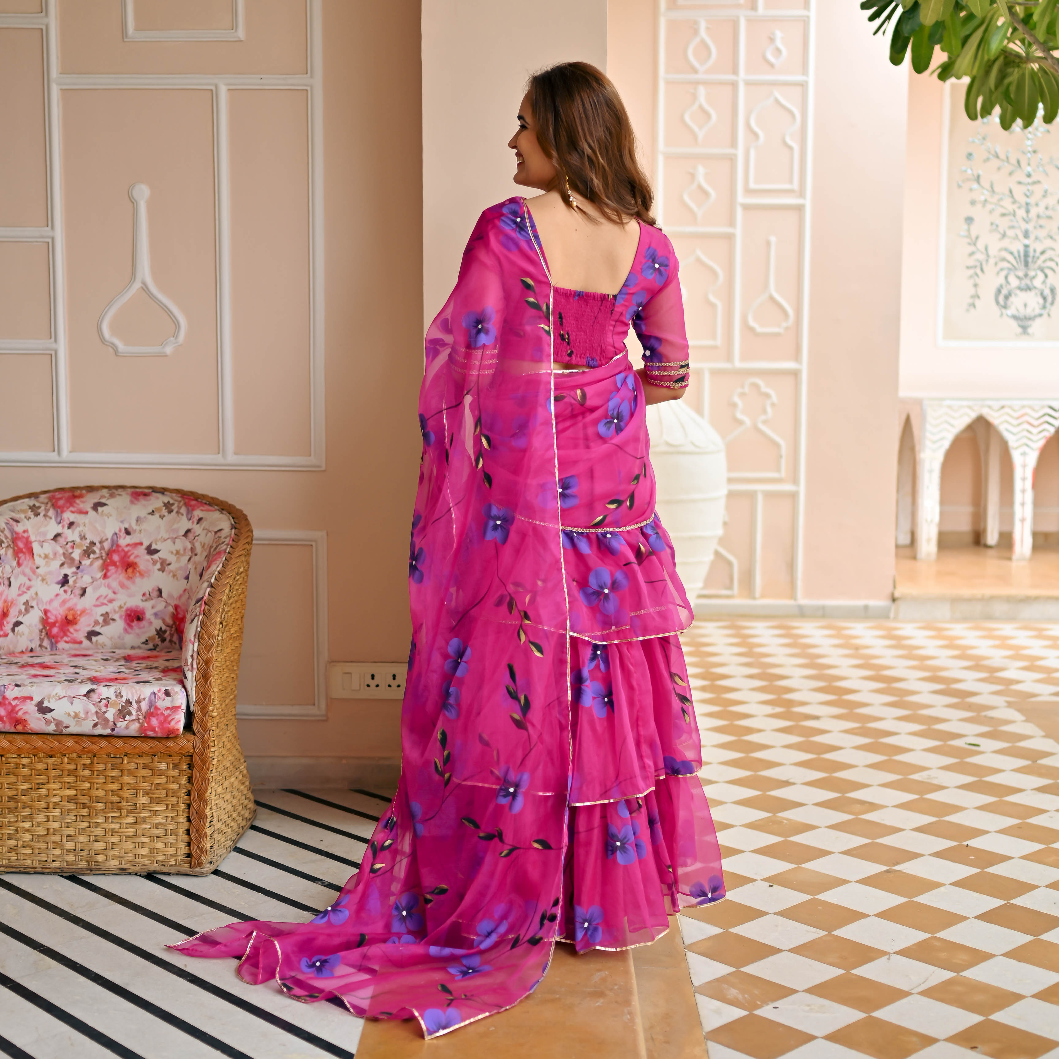 Dark Pink Handpainted Drape Saree for Women Online
