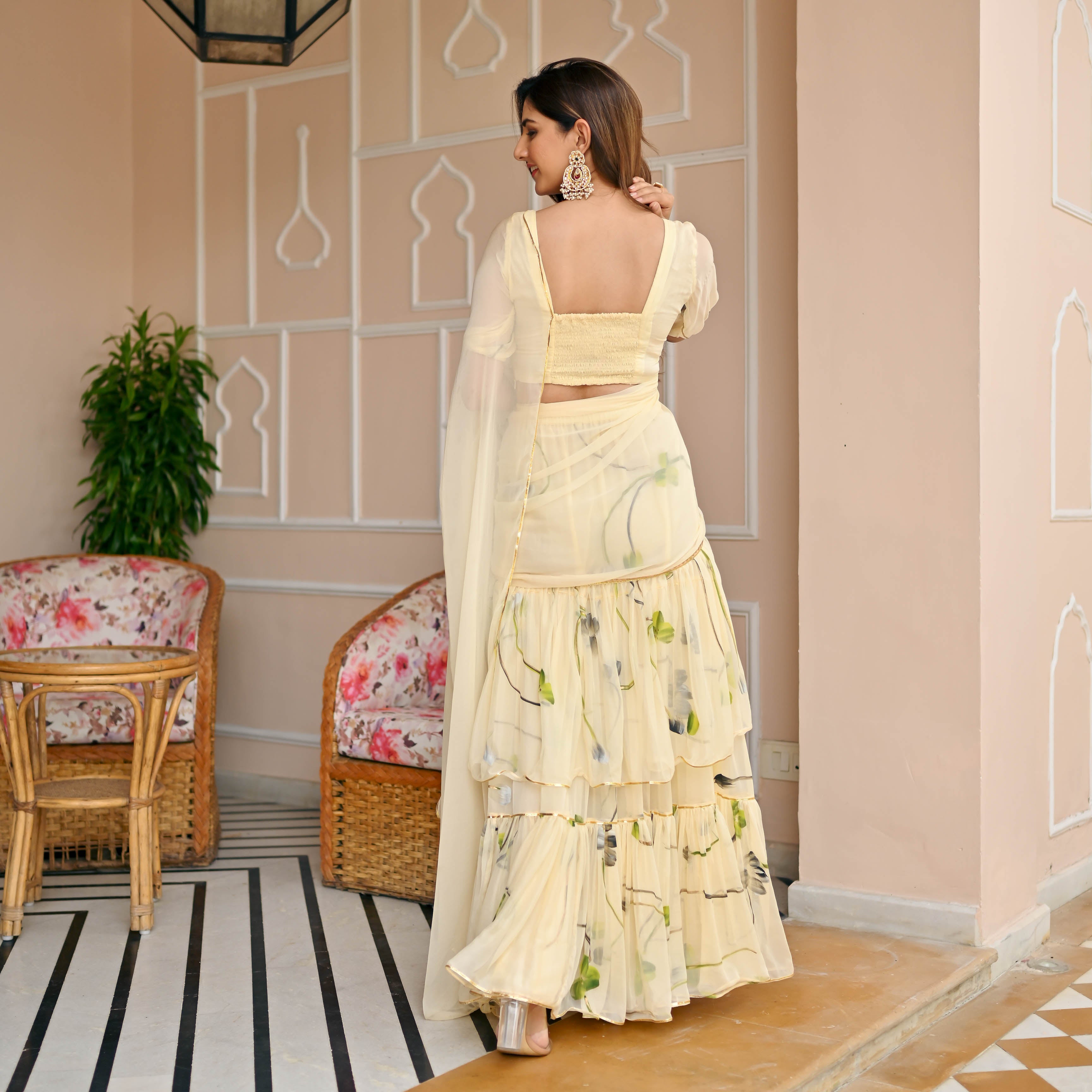 Ivory Handpainted Tiered Saree for Women Online