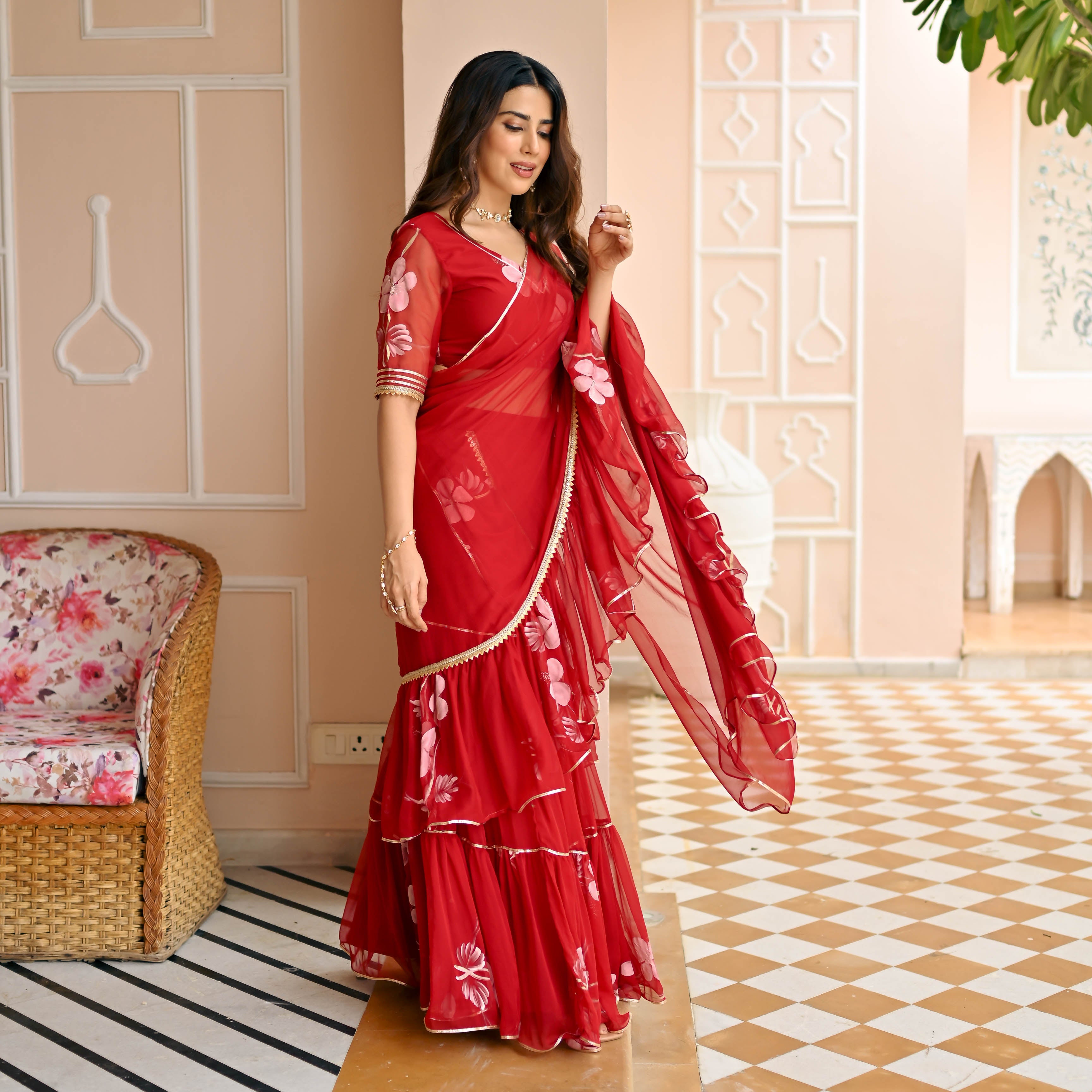 Red Handpainted Saree for Women Online
