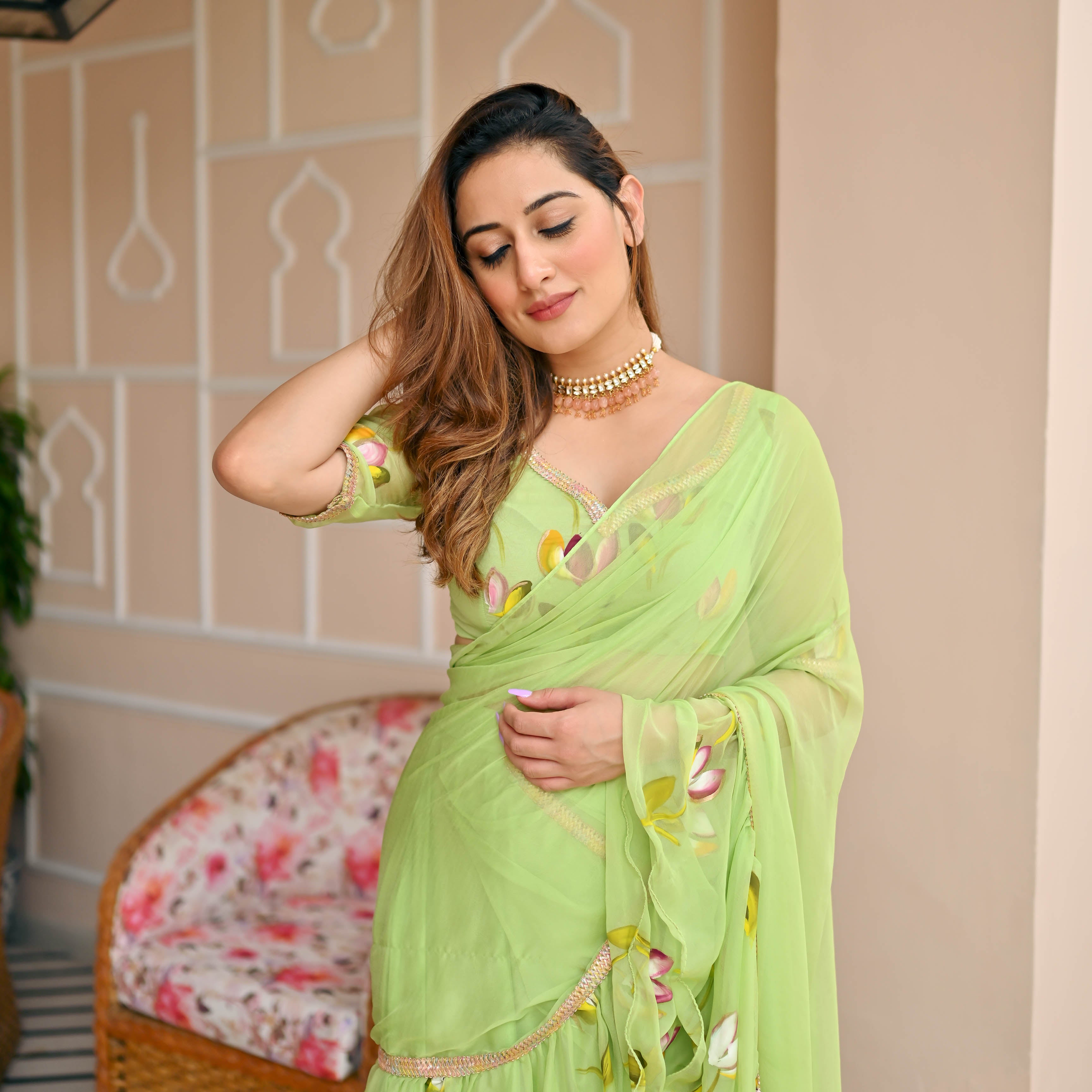 Light Green Handpainted Saree for Women Online