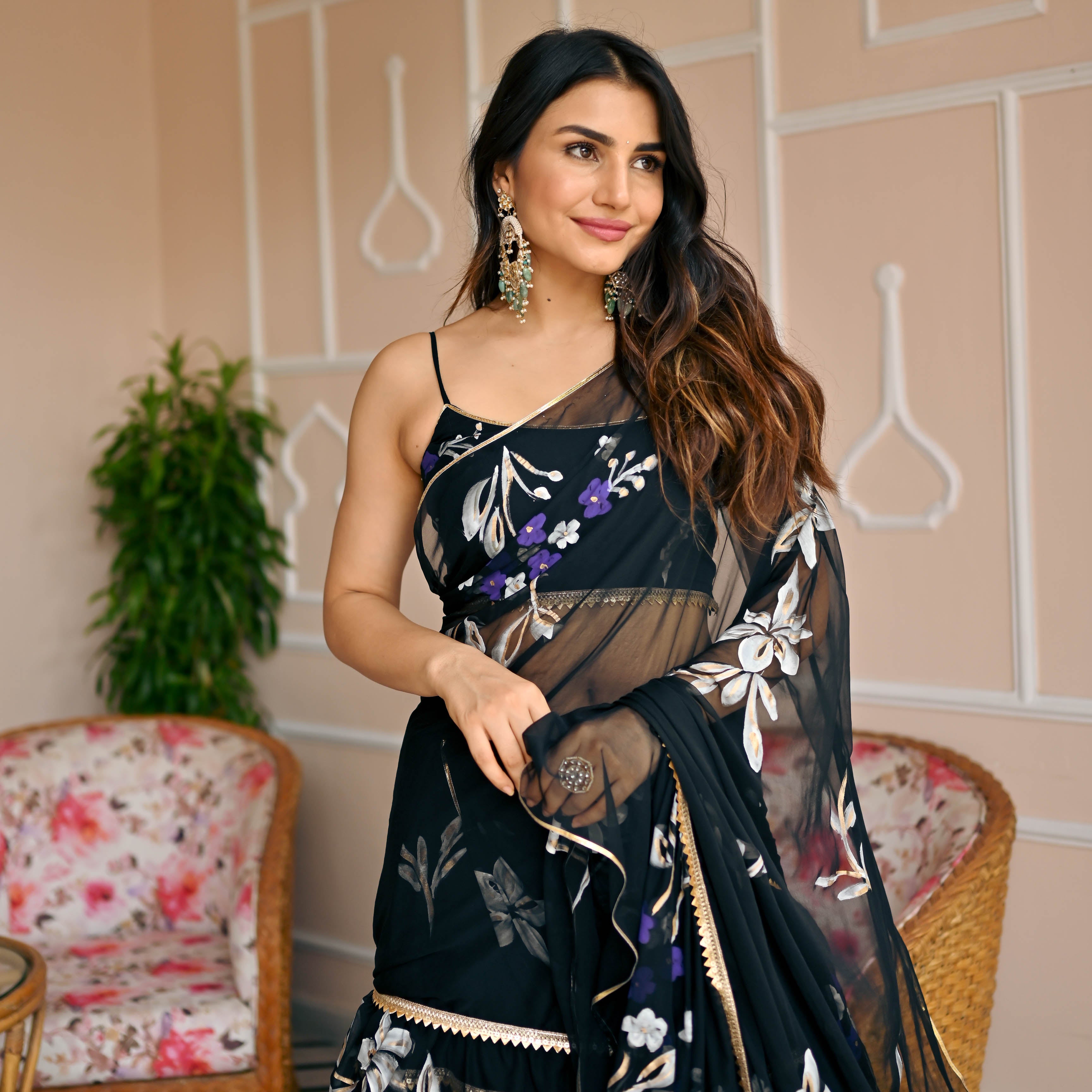 Black Floral Handpainted Draped Saree for Women Online