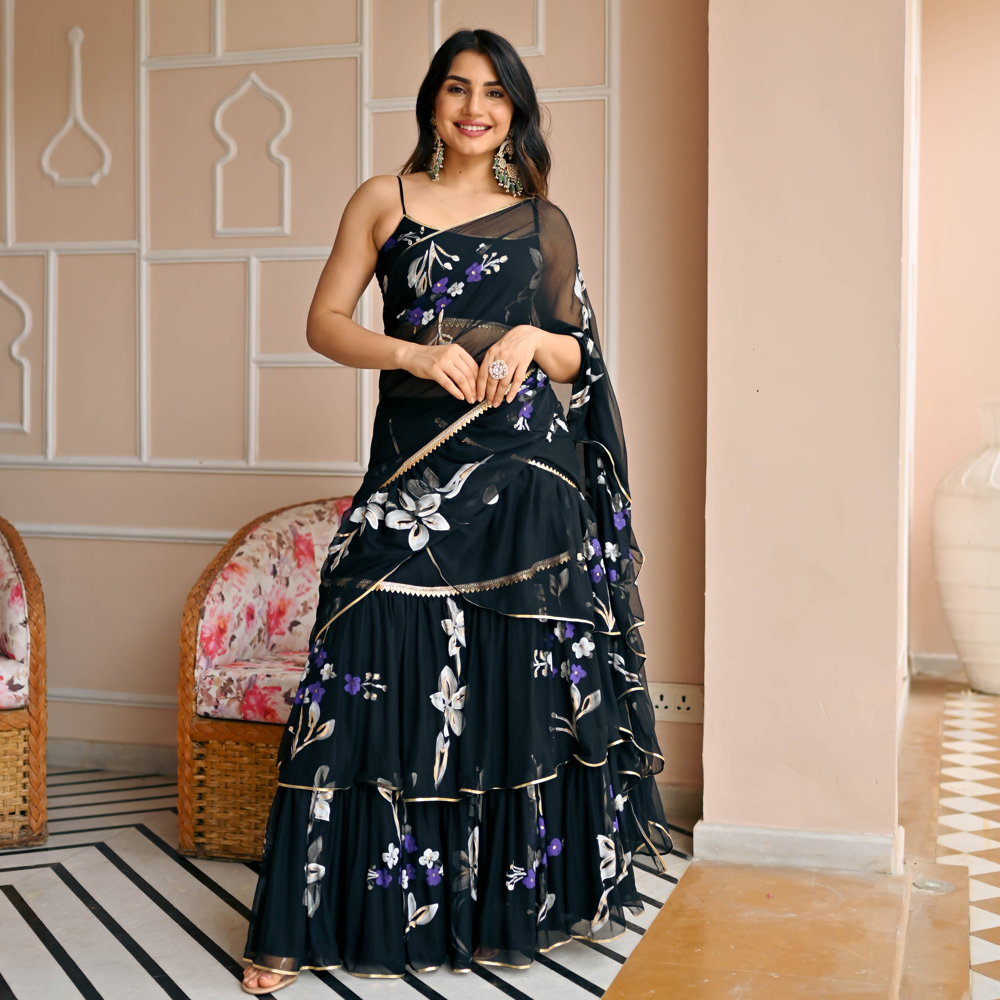 Black Floral Handpainted Draped Saree for Women Online