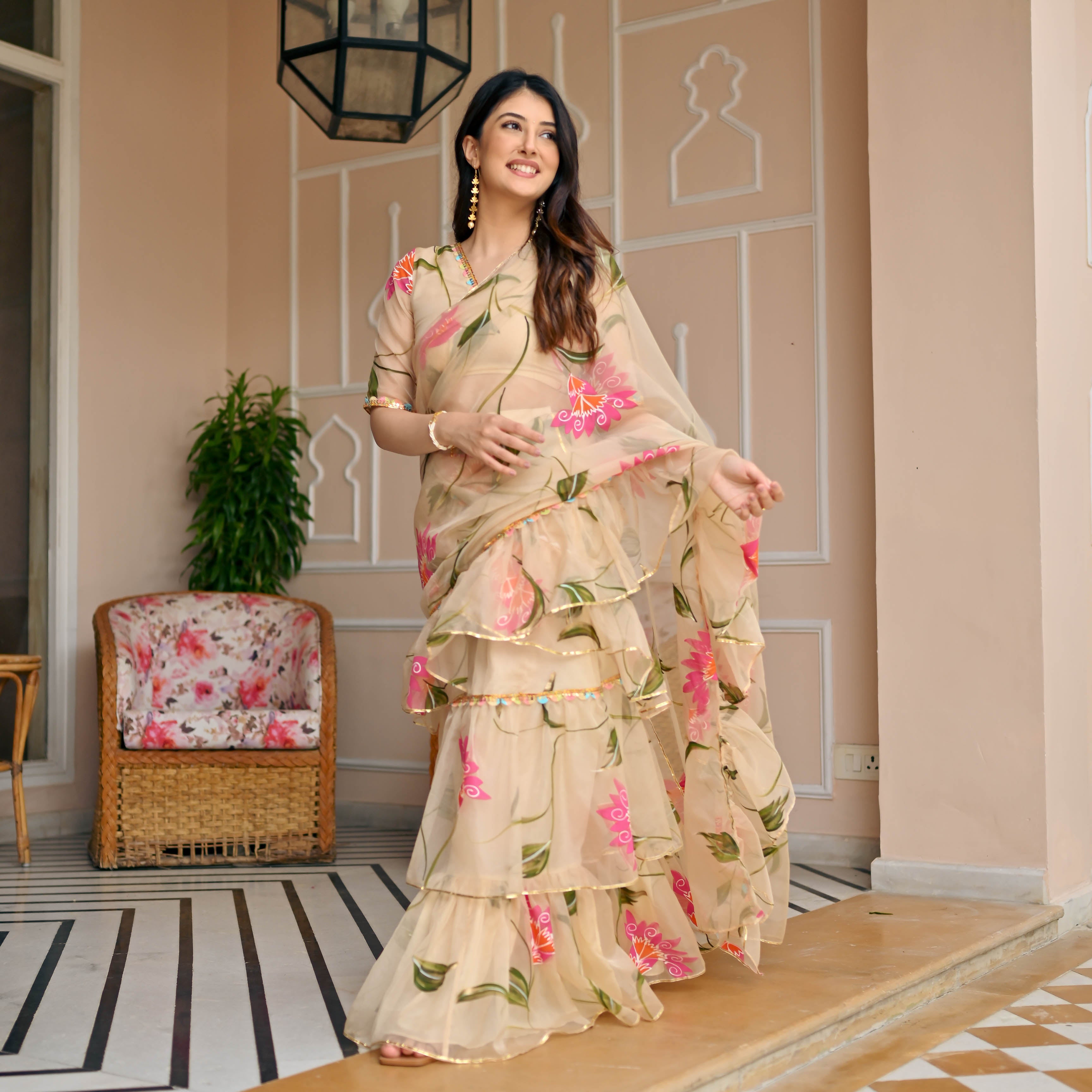 Beige Pink Floral Handpainted Draped Saree for Women Online