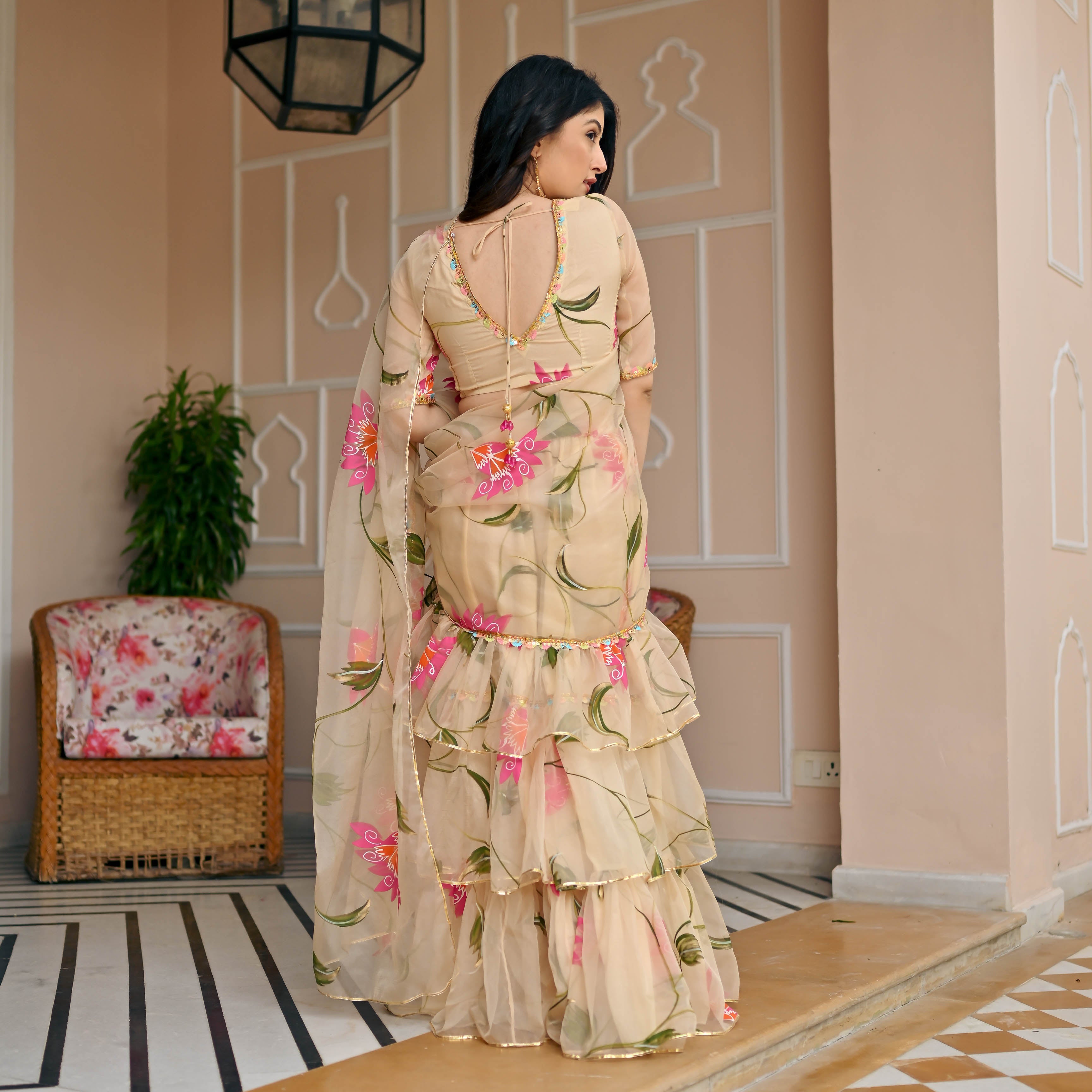 Beige Pink Floral Handpainted Draped Saree for Women Online