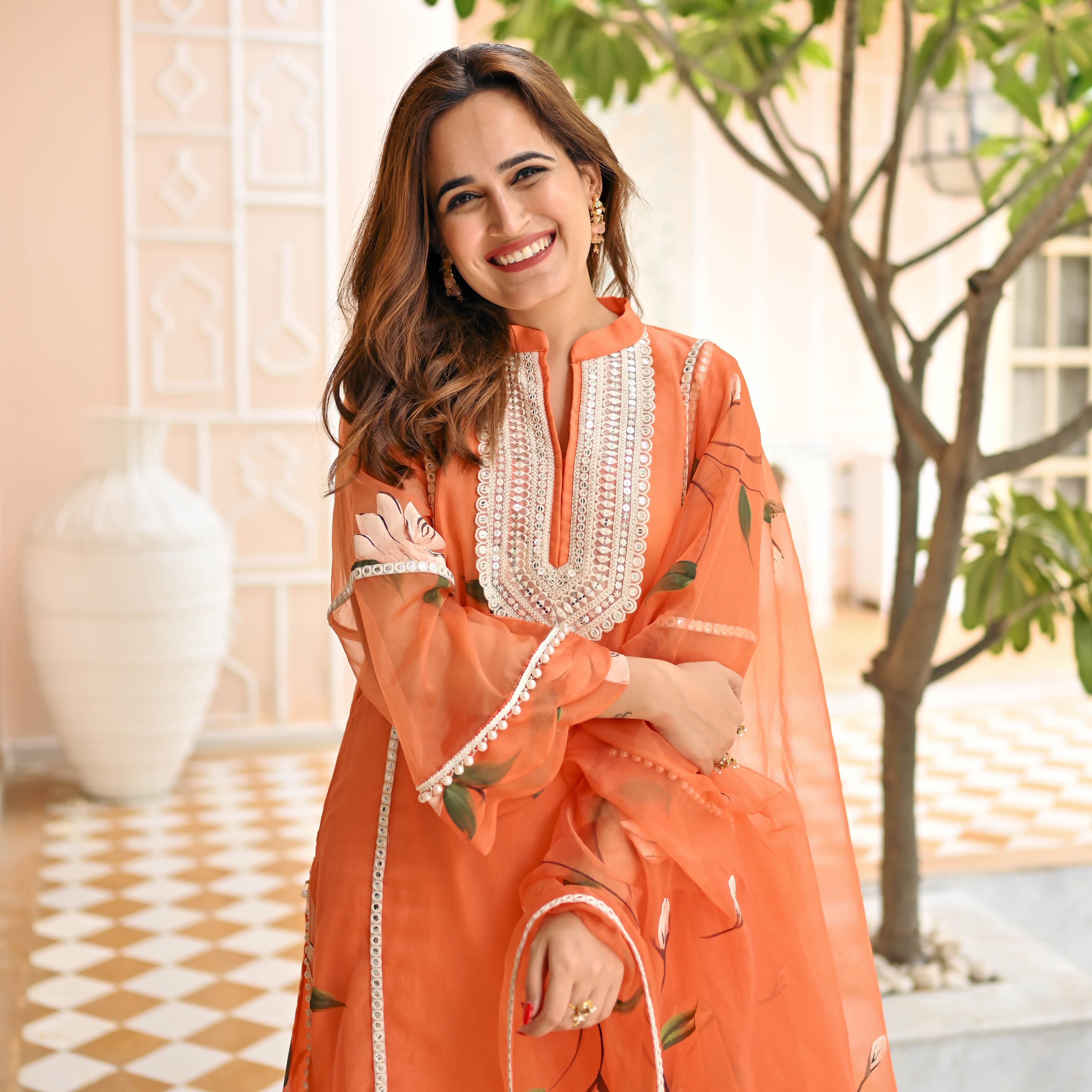 Orange Handpainted Suit Sets for Women Online