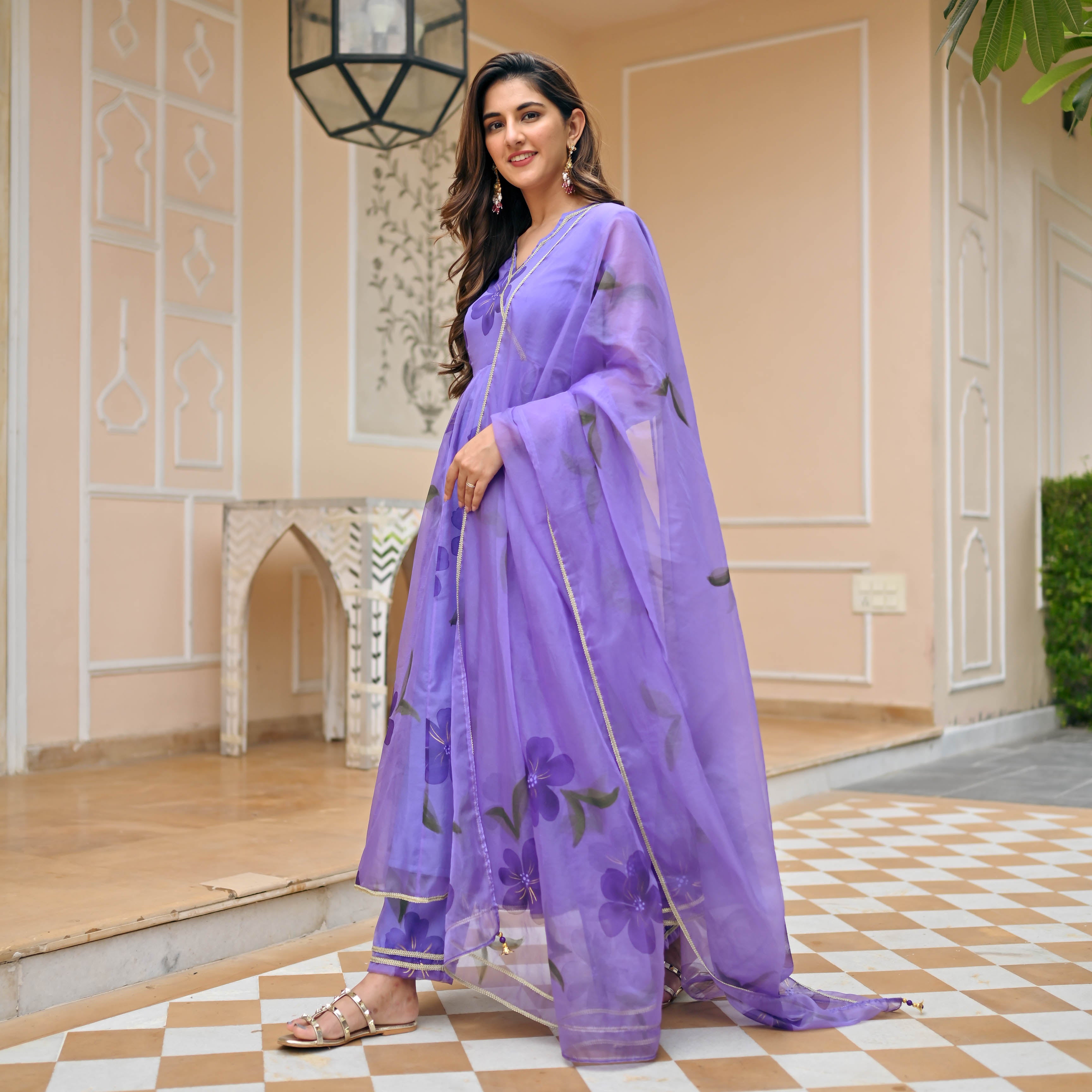 Purple Organza Handpainted Anarkali Suit Set for Women Online