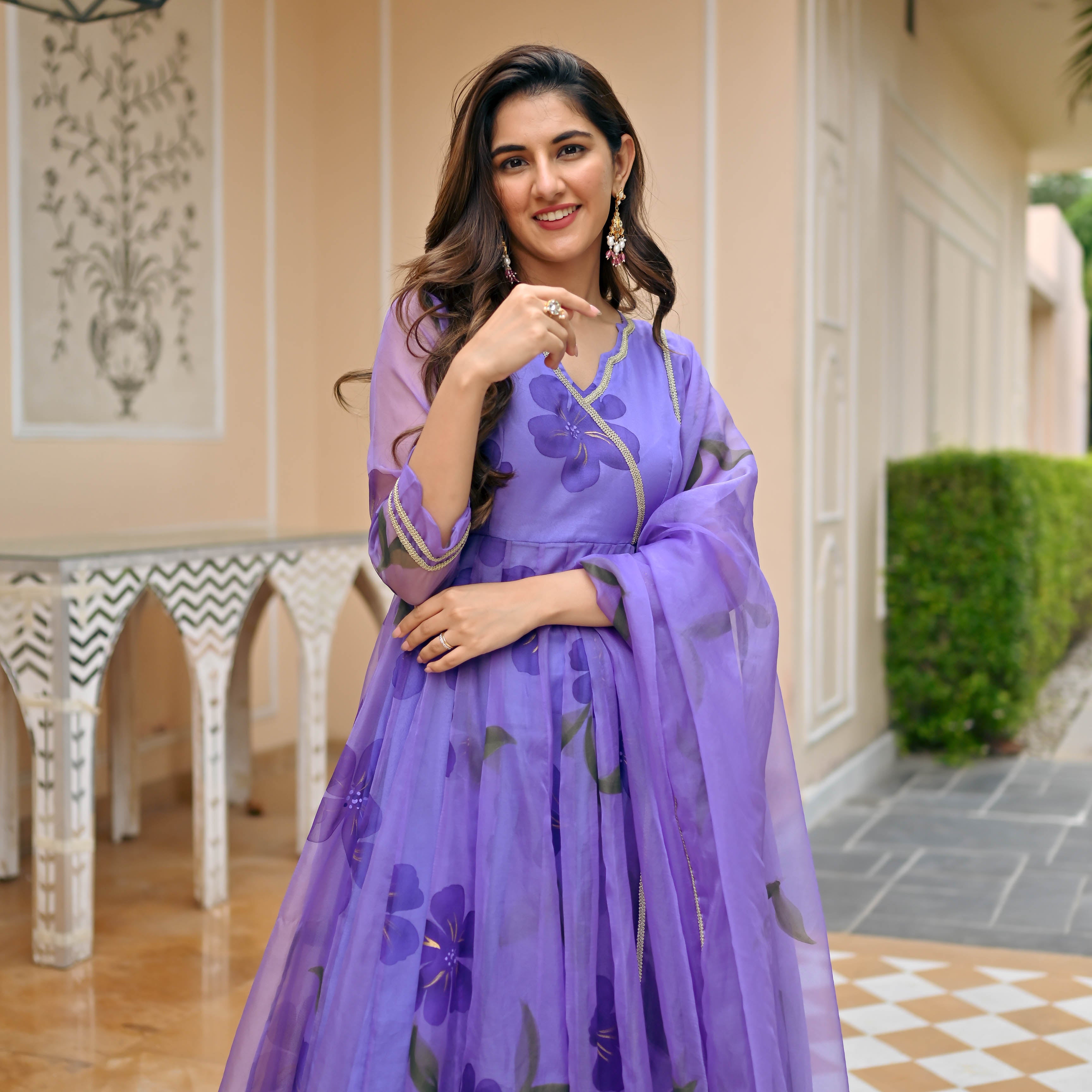 Purple Organza Handpainted Anarkali Suit Set for Women Online