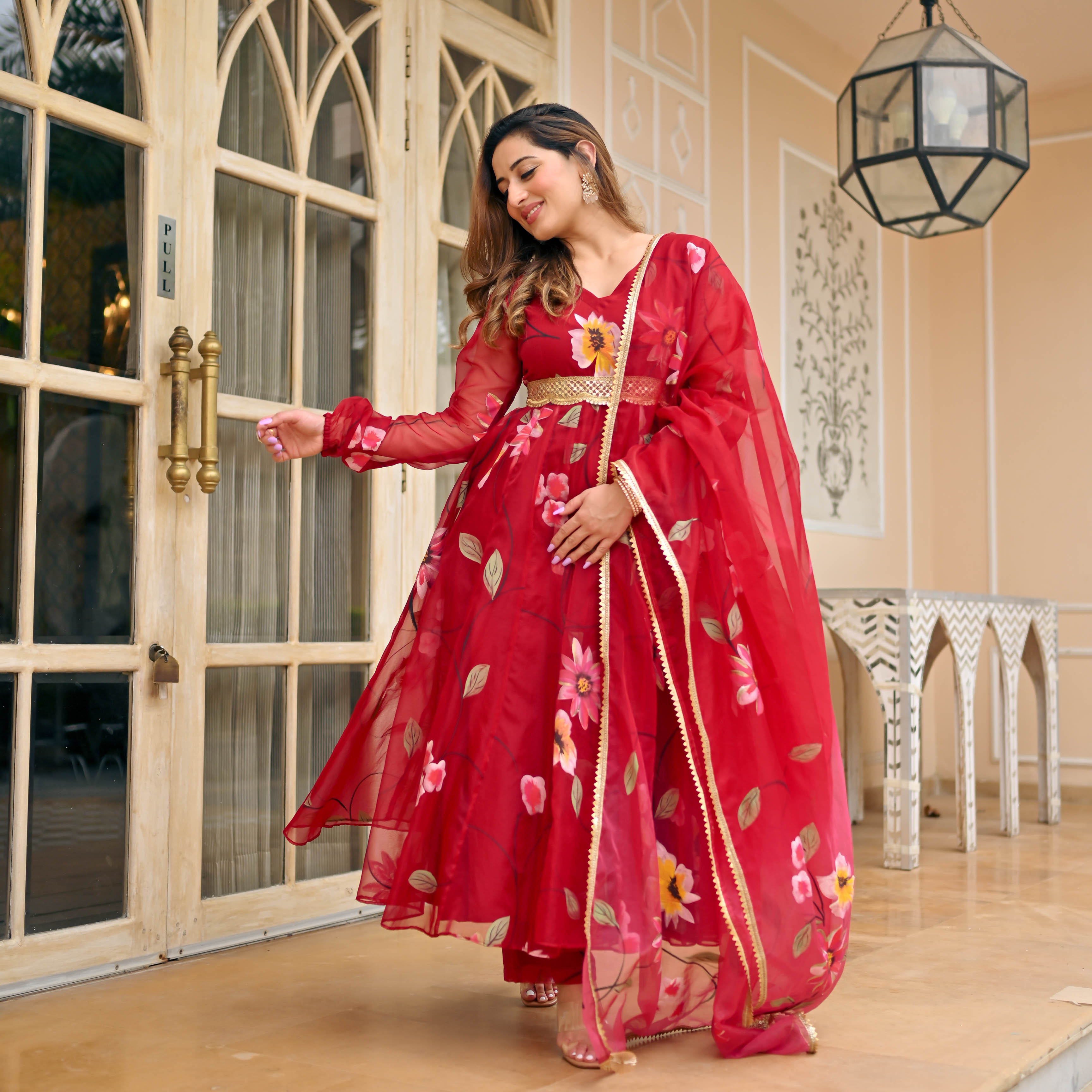 Red Floral Organza Handpainted Anarkali Suit Set 