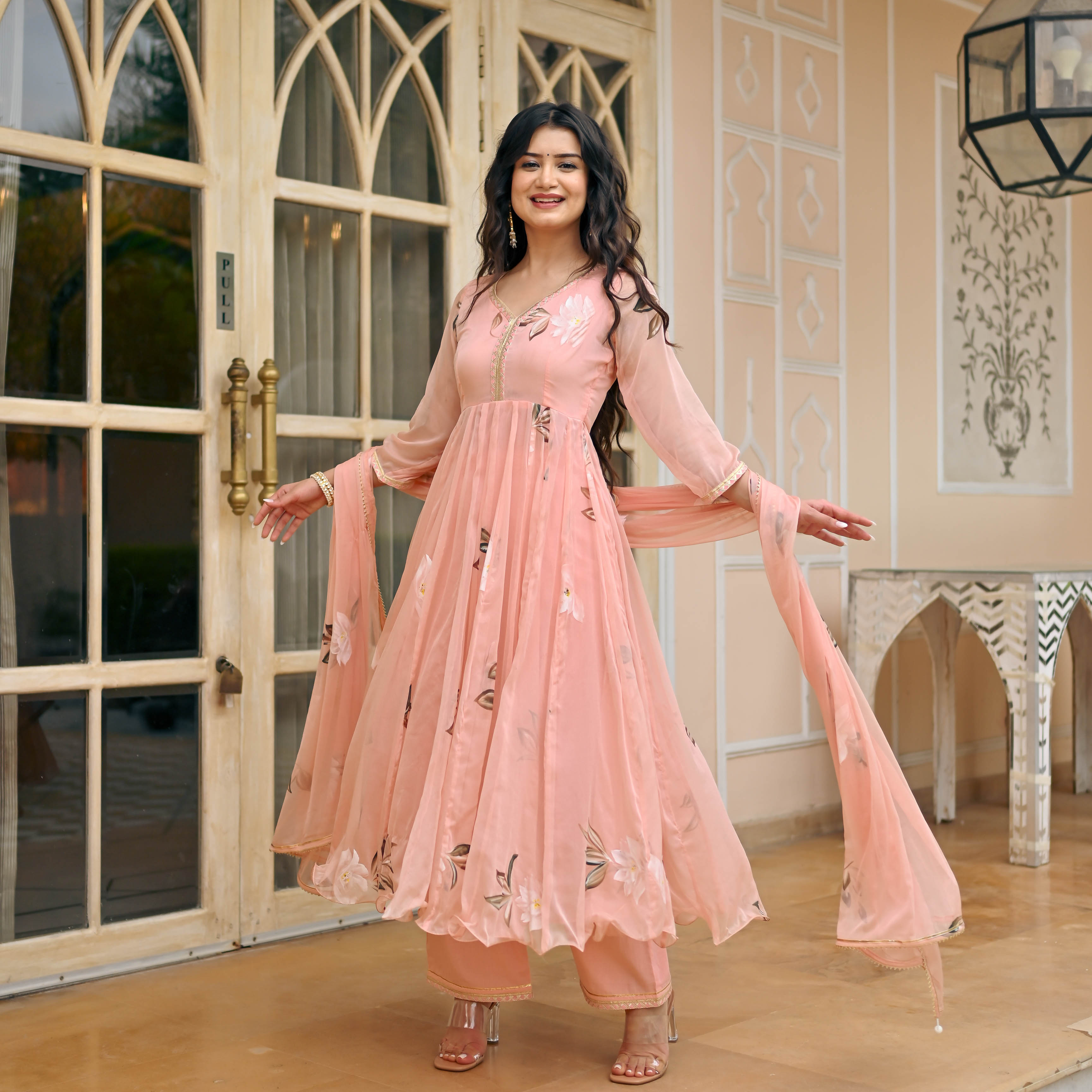 Peach Handpainted Anarkali Suit Set for Women Online