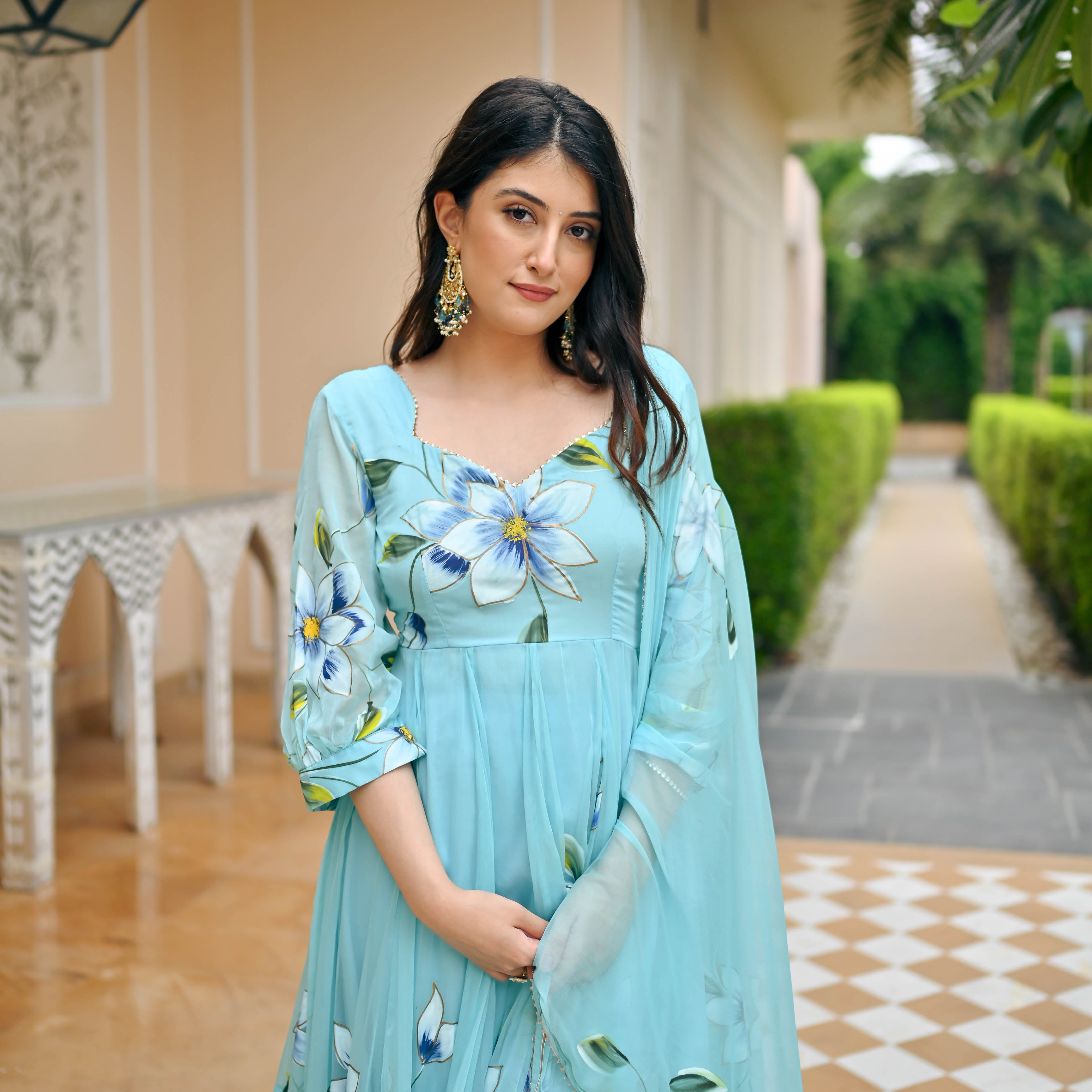 Seashell Sky Blue Chiffon Hand Painted Suit Set For Women Online