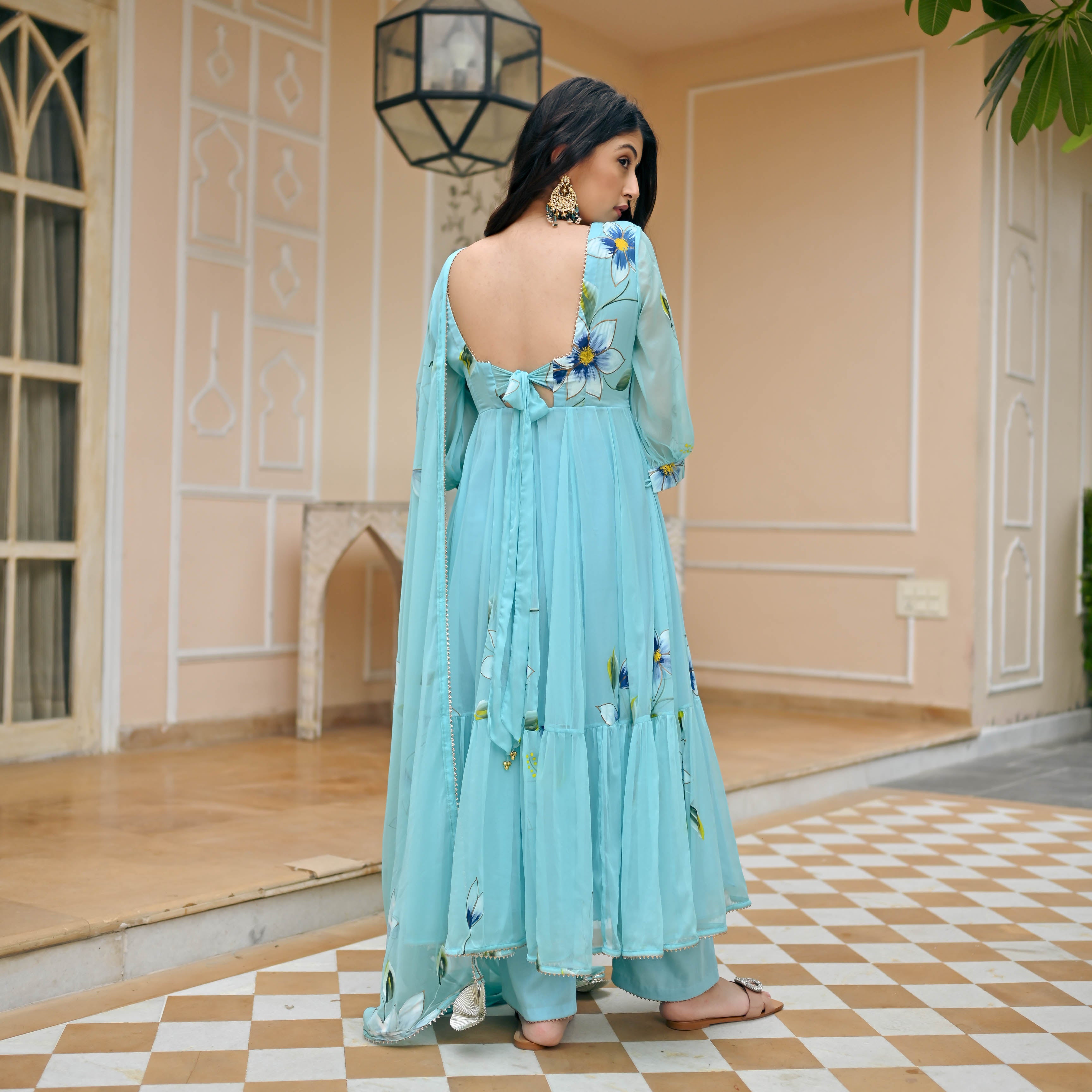 Sky Blue Handpainted Anarkali Suit Set for Women Online