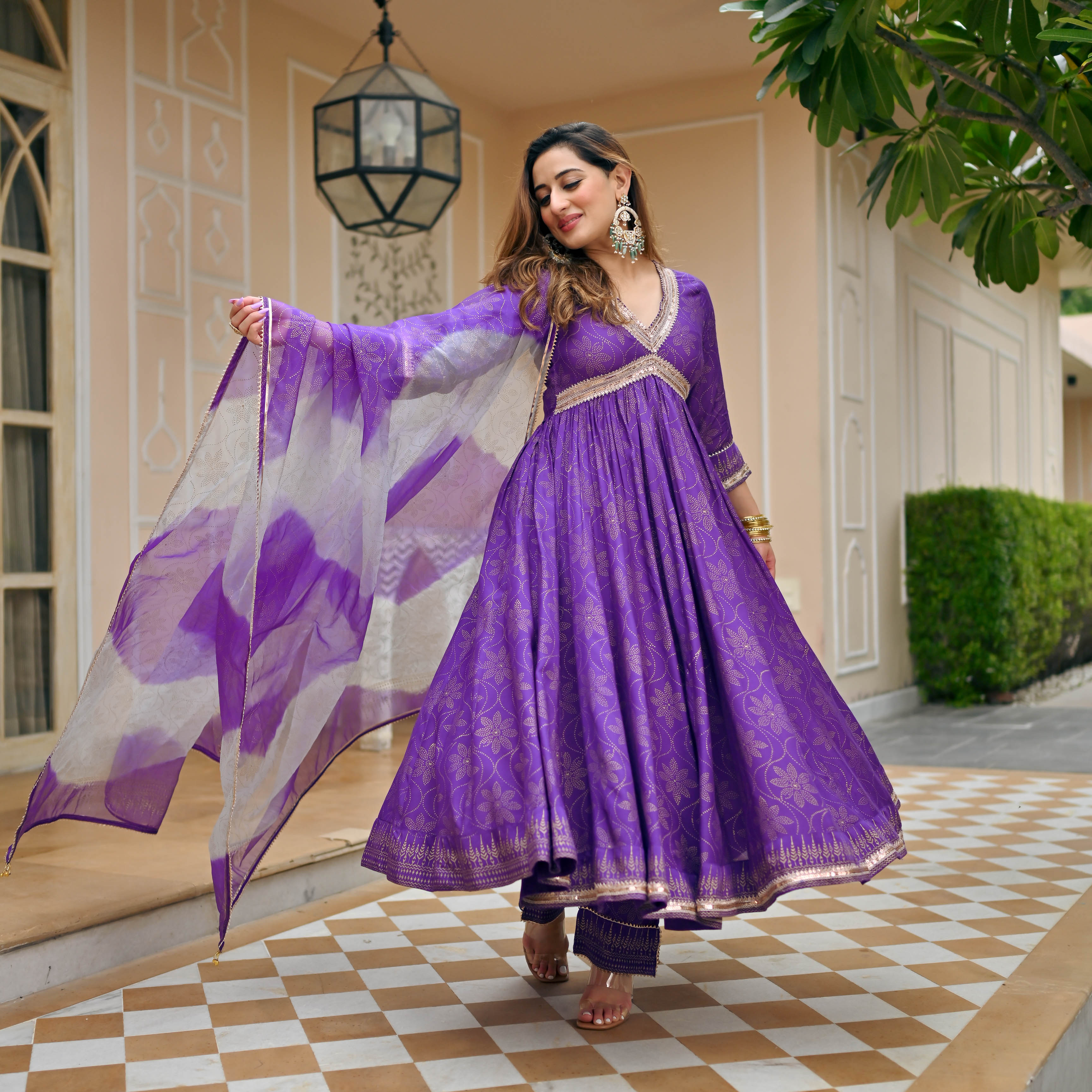 Purple Gold Handblock V Neck Designer Cotton Suit Set For Women Online