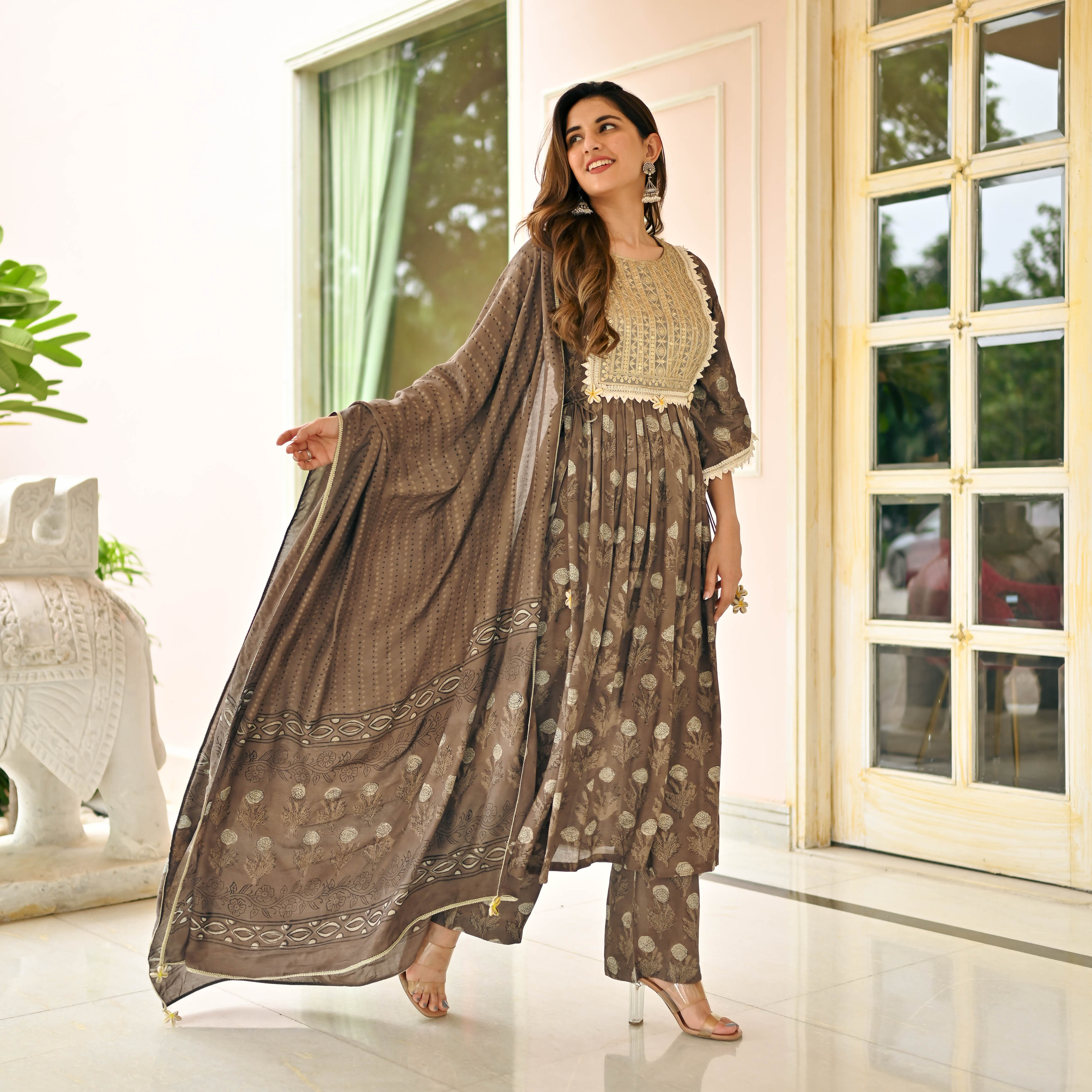Grey Natural Dye Designer Cotton Suit Set For Women Online