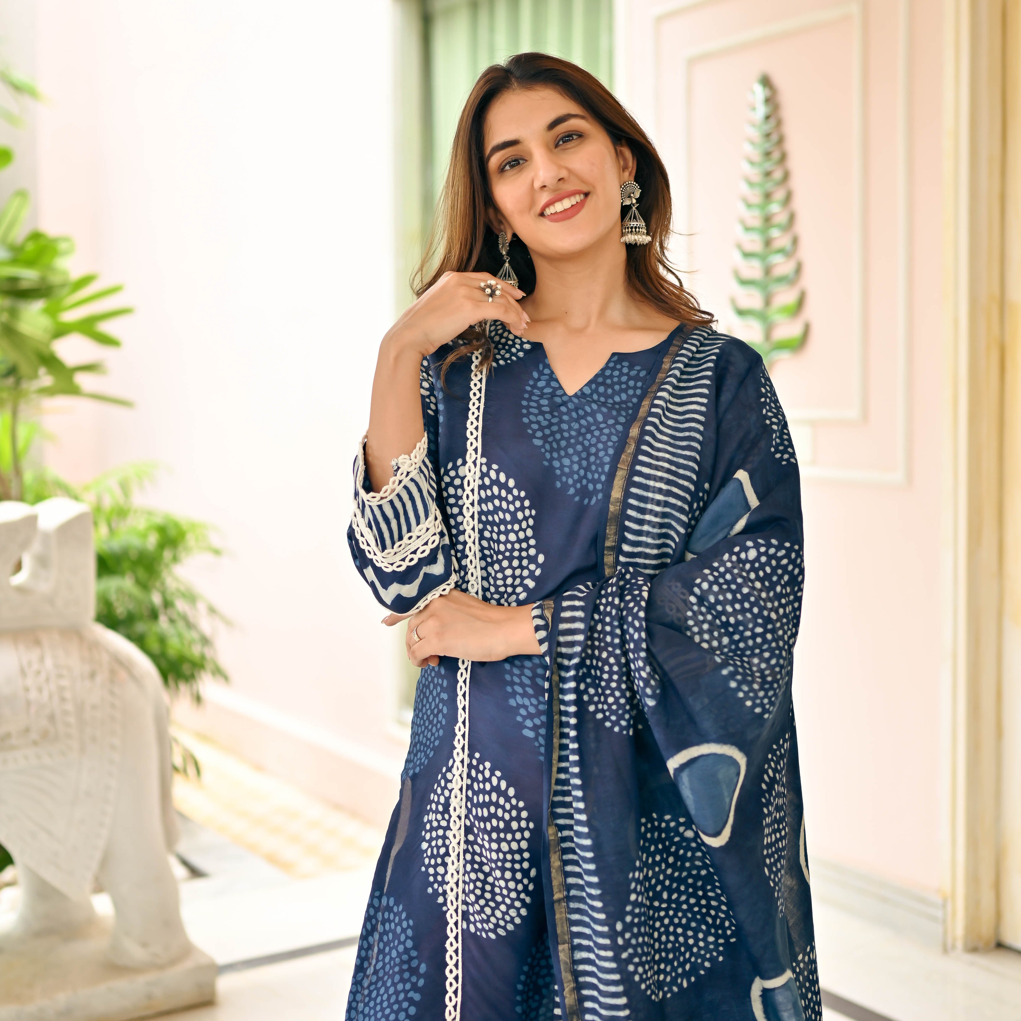 Circles Indigo Dye Designer Tusser Silk Suit Set For Women Online