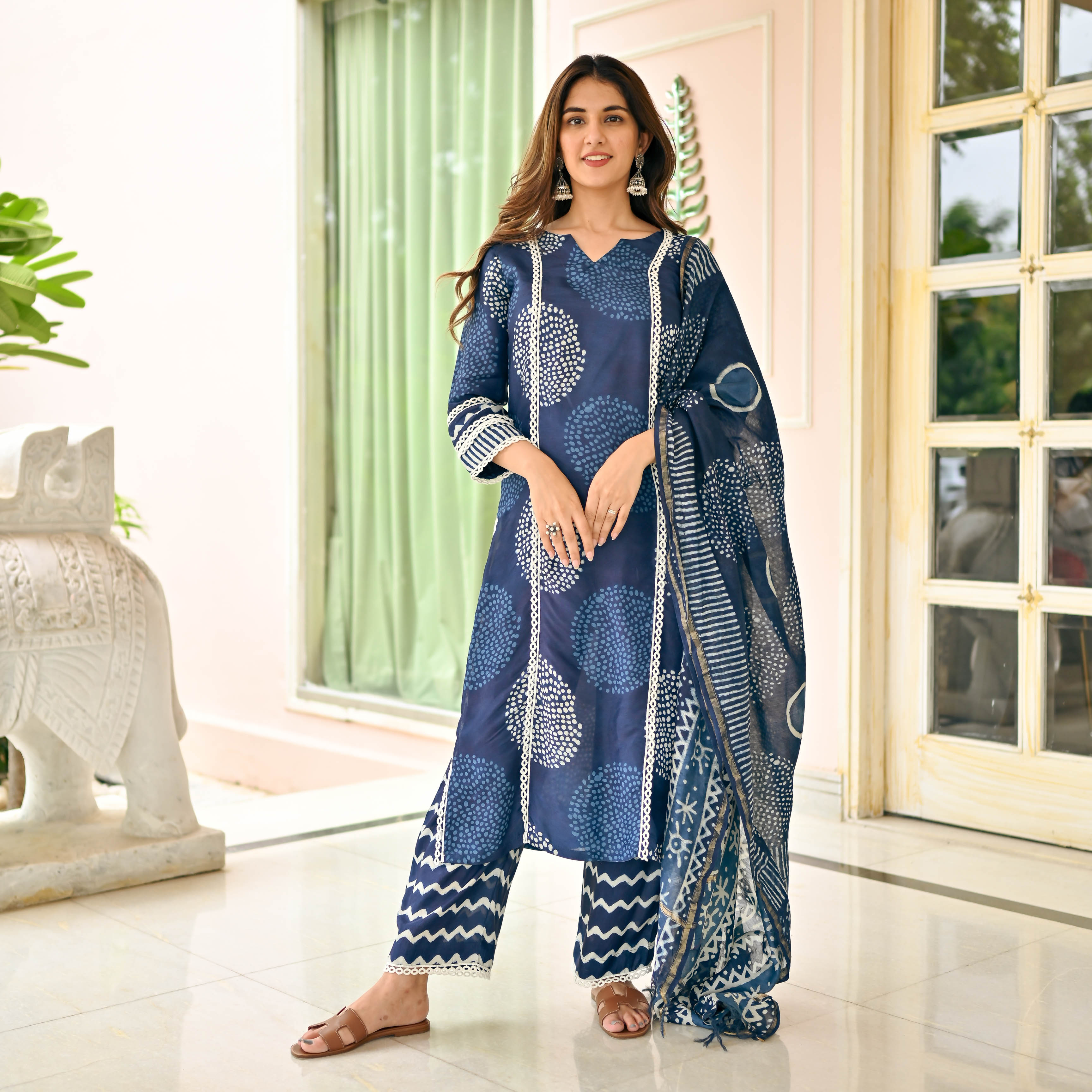 Circles Indigo Dye Designer Tusser Silk Suit Set For Women Online
