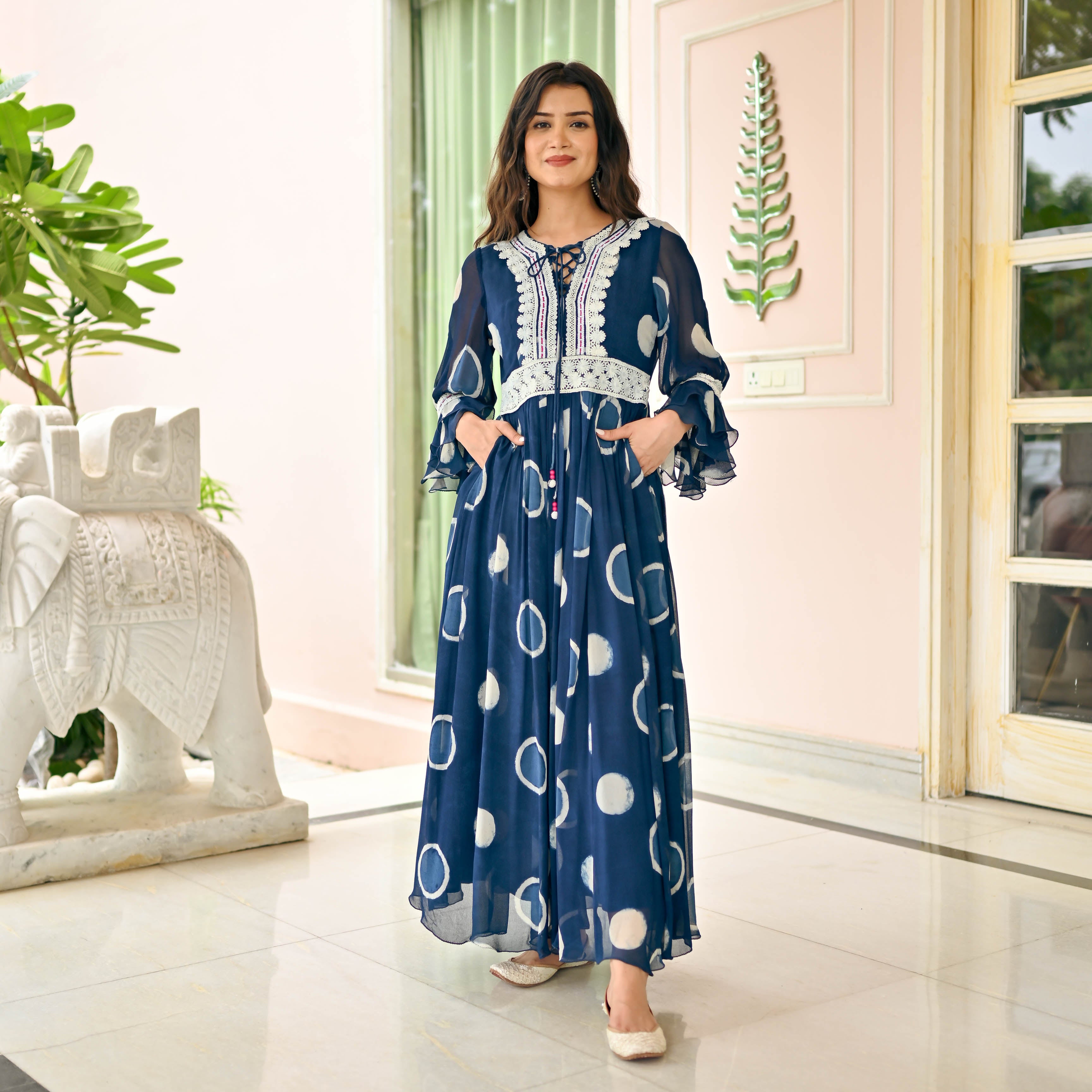 Polka Indigo Dye Designer Georgette Dress Set For Women Online