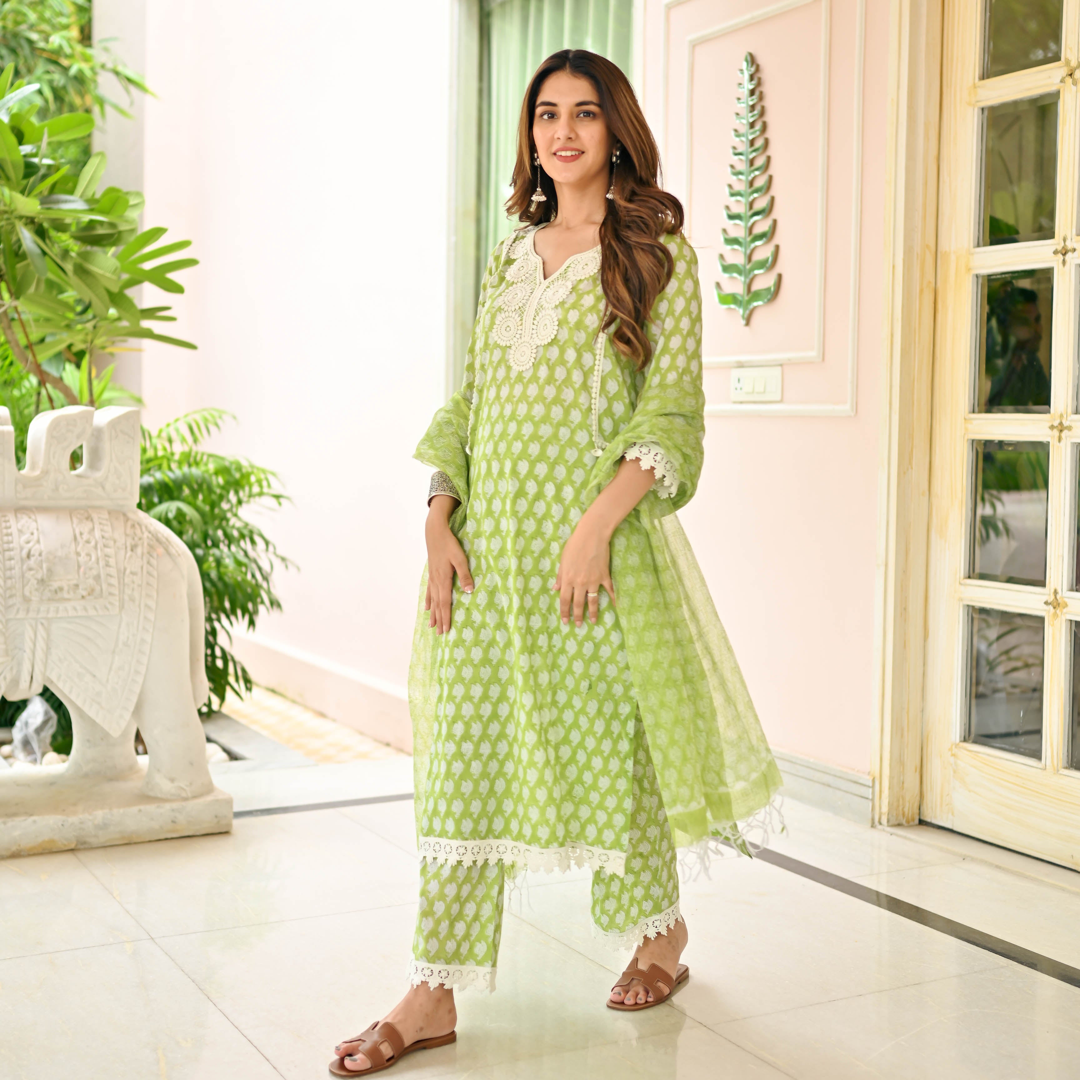 Parrot Green Tahilya Un-Stitched Pure Organza Chikankari Suit -  TheChikanLabel | Lucknow Chikankari Kurtis & Suits