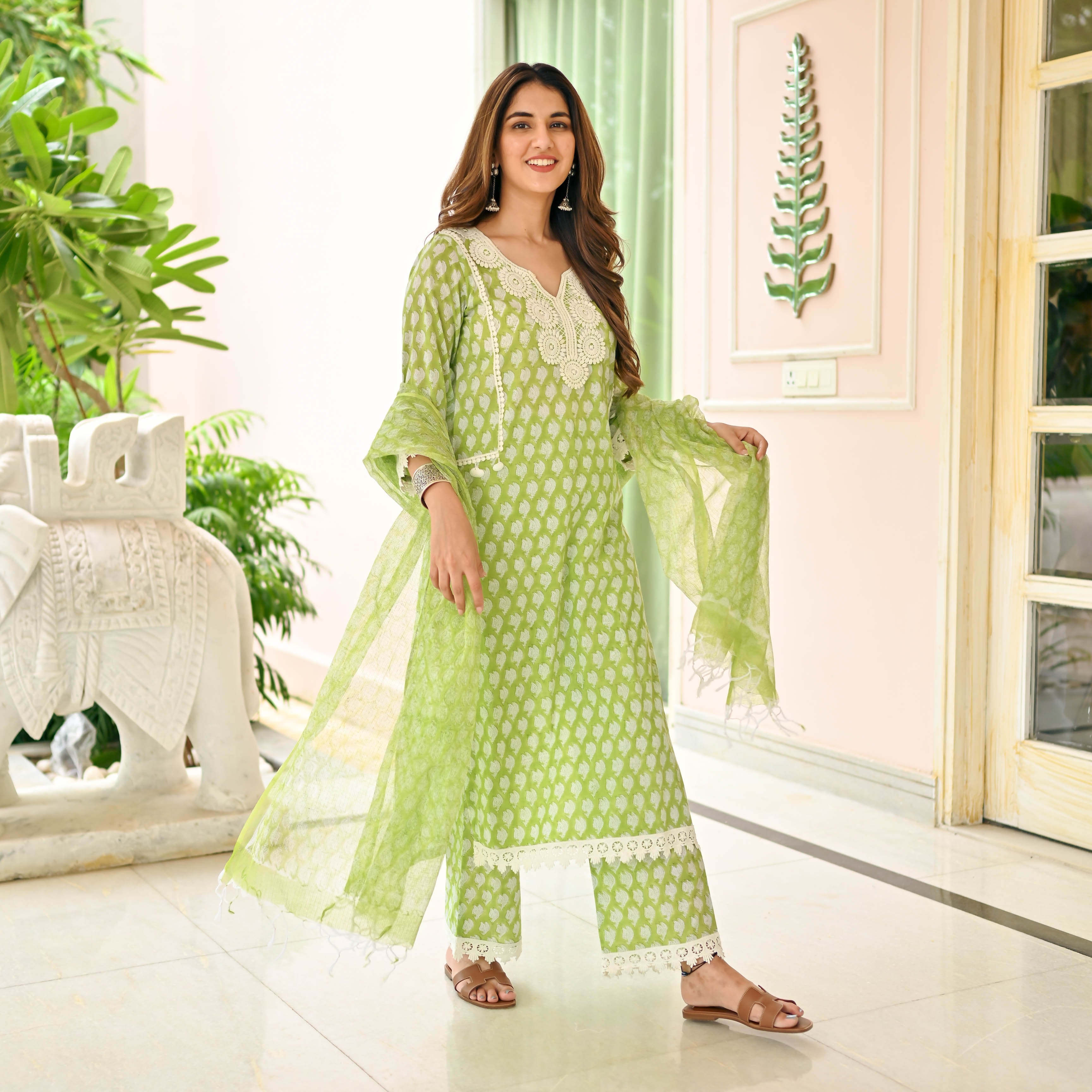 Parrot Green Handblock Printed Designer Cotton Suit Set For Women Online