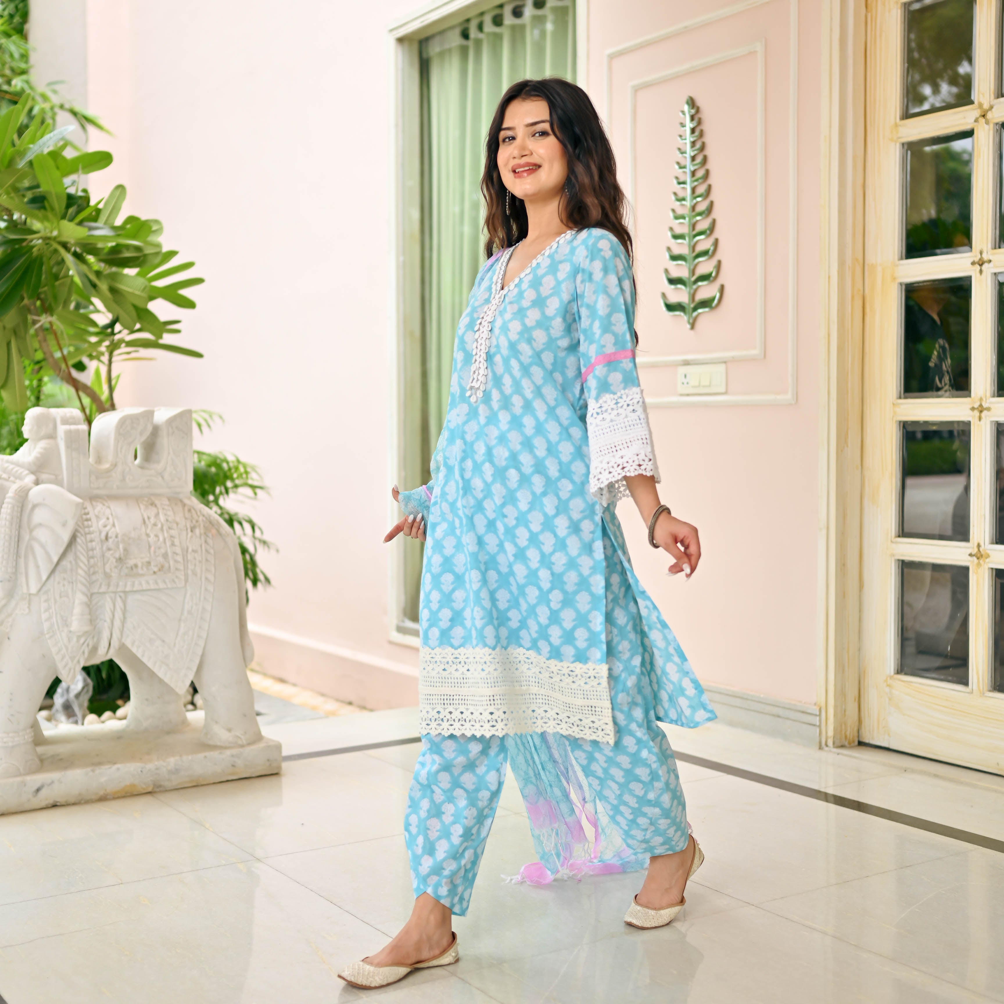 Sky Blue Handblock Printed Designer Cotton Suit Set For Women Online