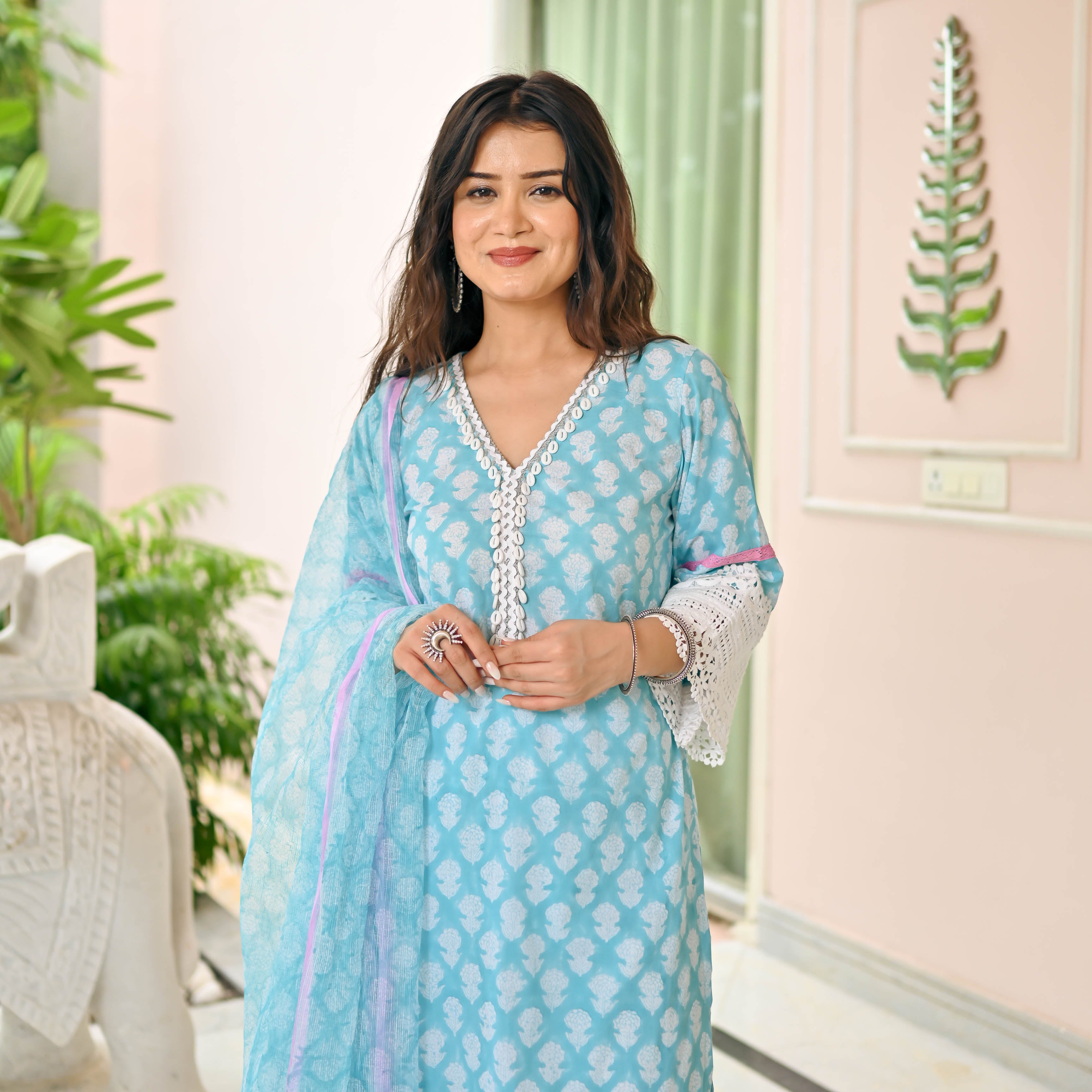 Sky Blue Handblock Printed Designer Cotton Suit Set For Women Online