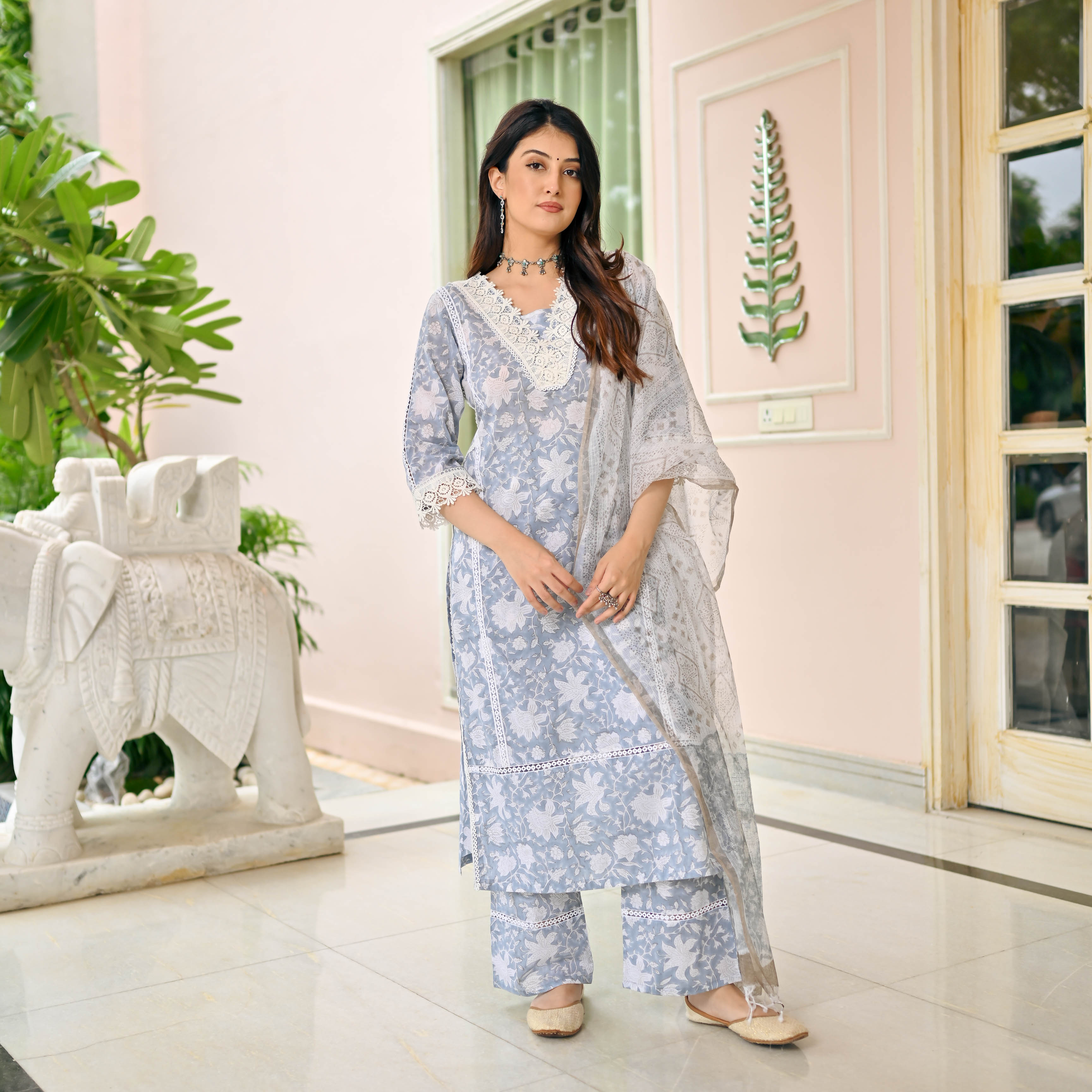Grey White Cotton Handblock Suit Set for Women Online