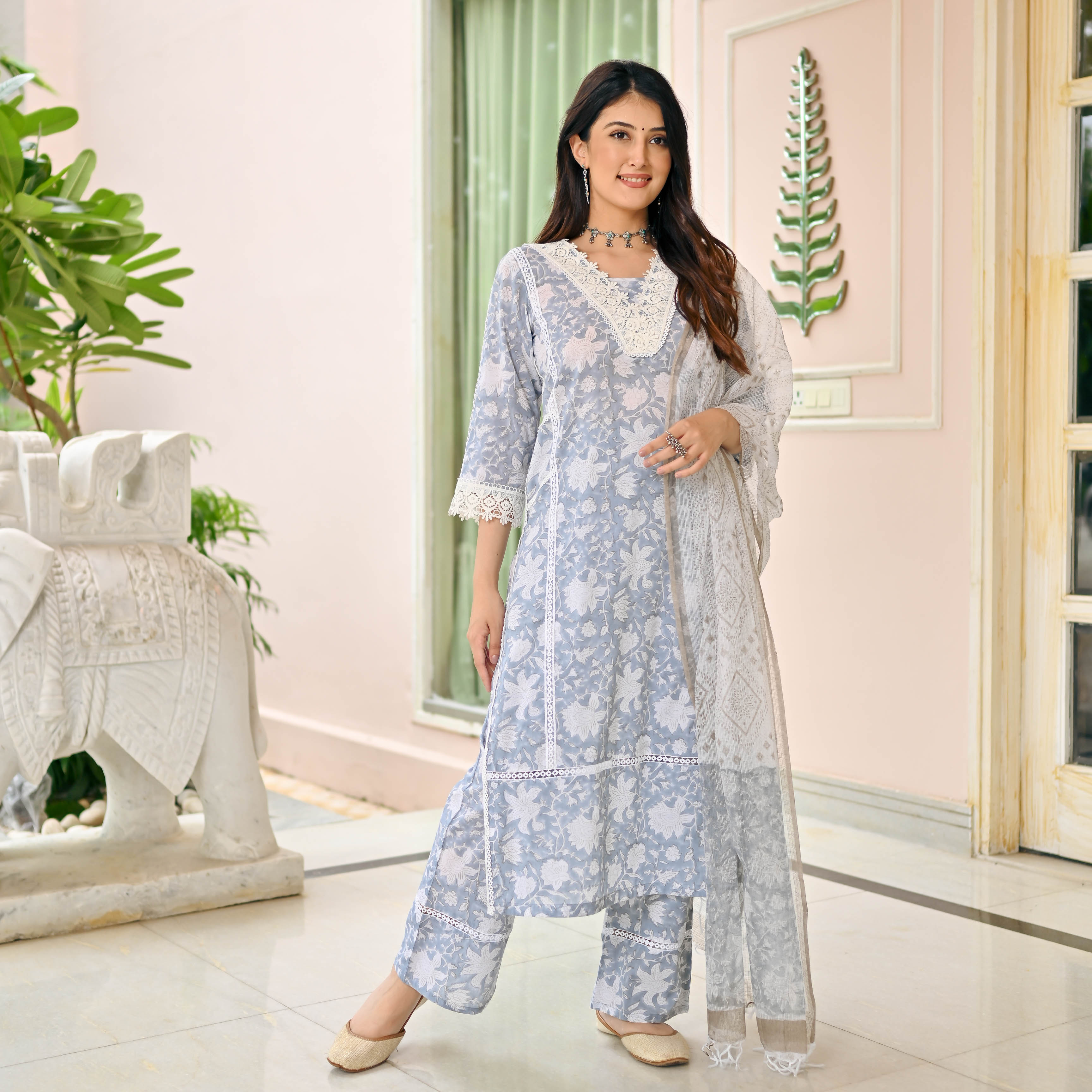 Grey White Handblock Printed Designer Cotton Suit Set For Women Online