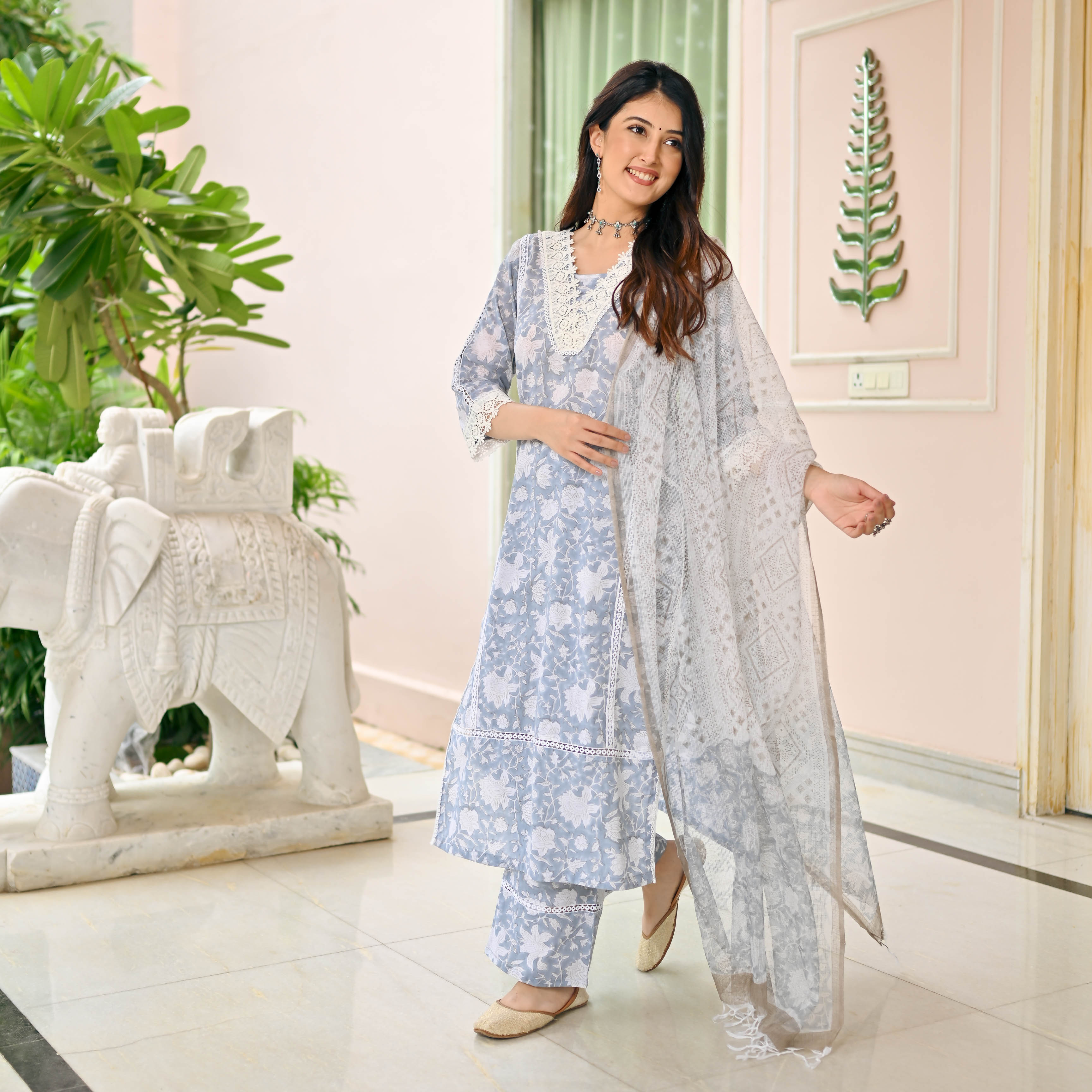 Grey White Cotton Handblock Suit Set for Women Online