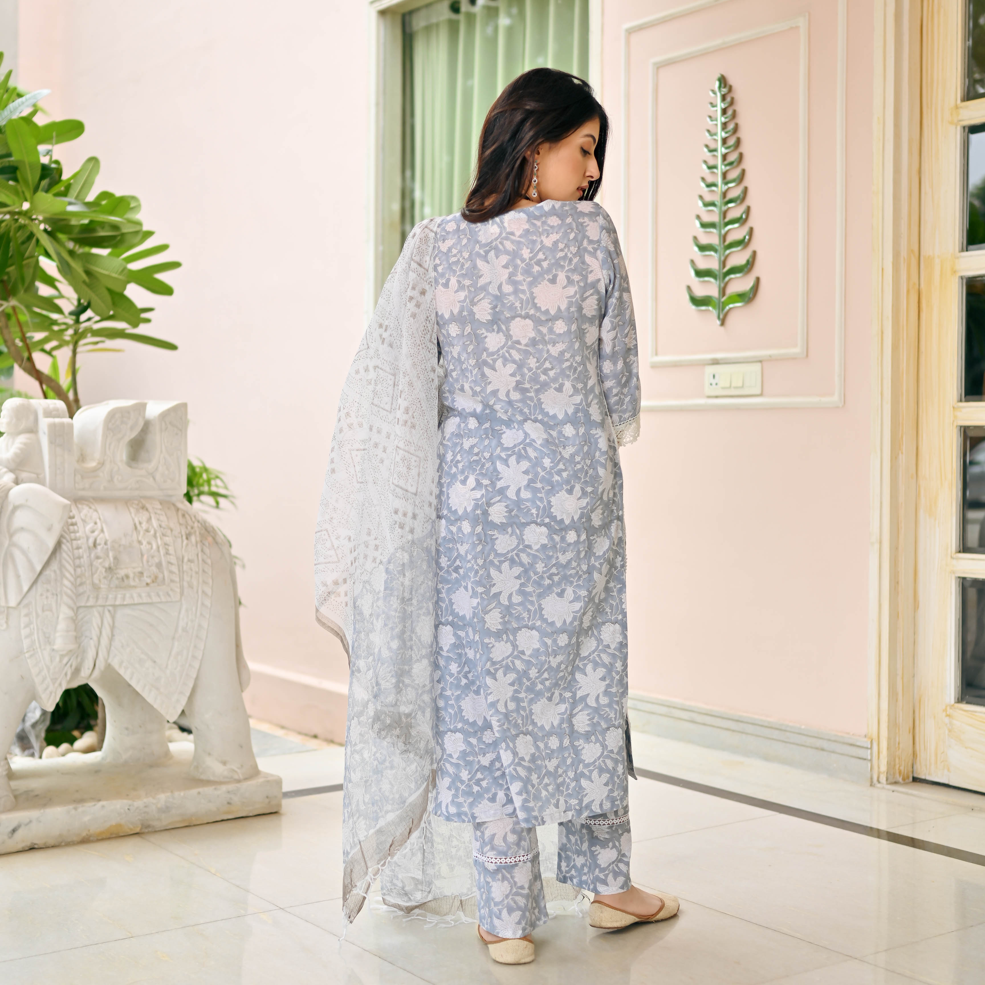 Grey White Cotton Handblock Suit Set for Women Online