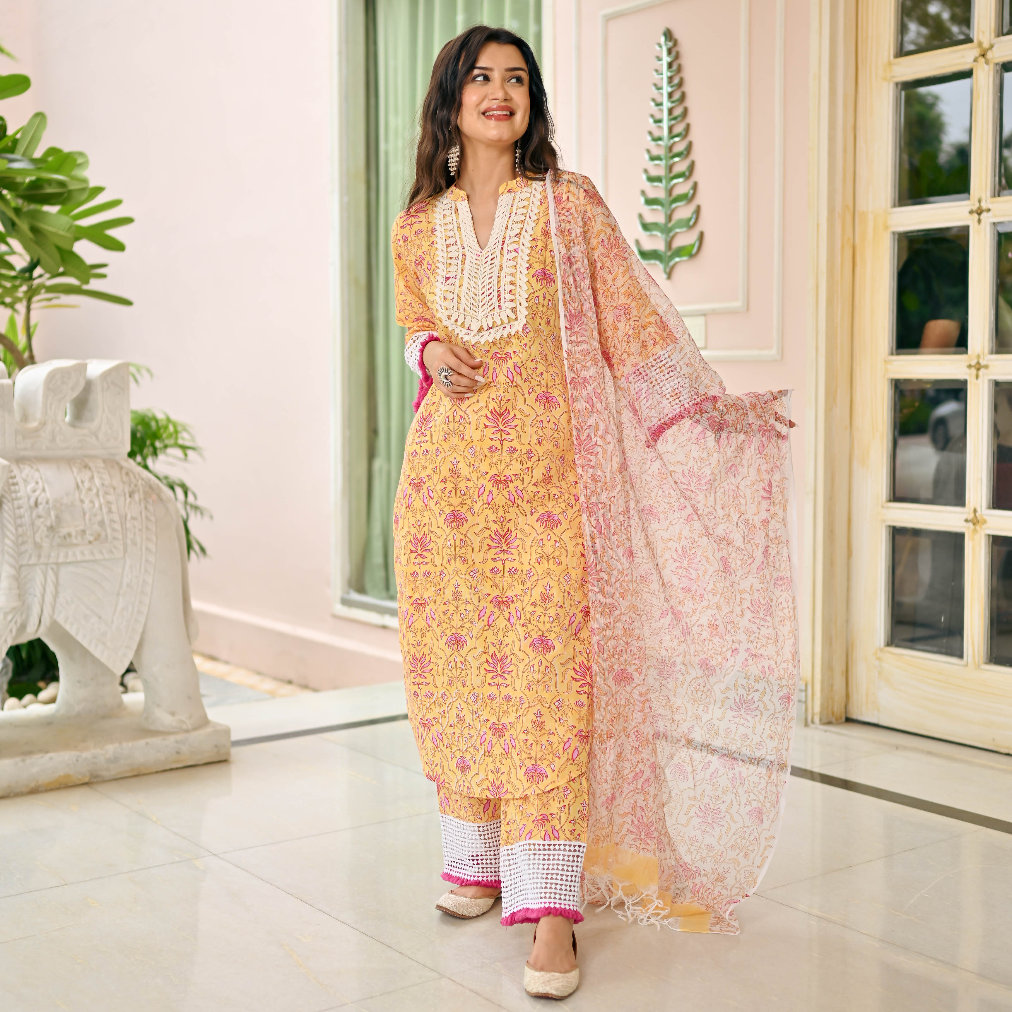 Yellow Pink Handblock Printed Designer Cotton Suit Set For Women Online