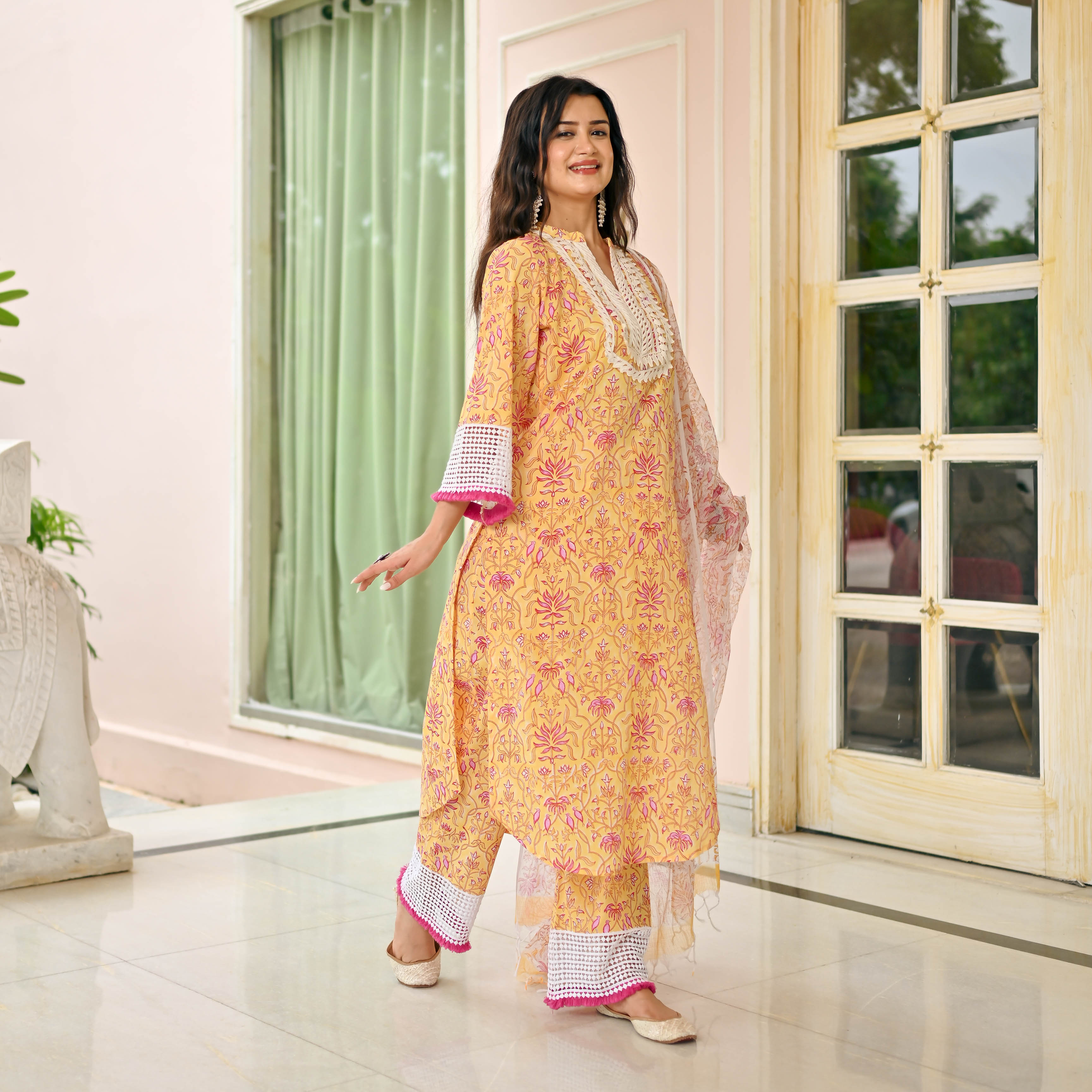 Yellow Pink Cotton Suit Set with Kota Doriya for Women Online
