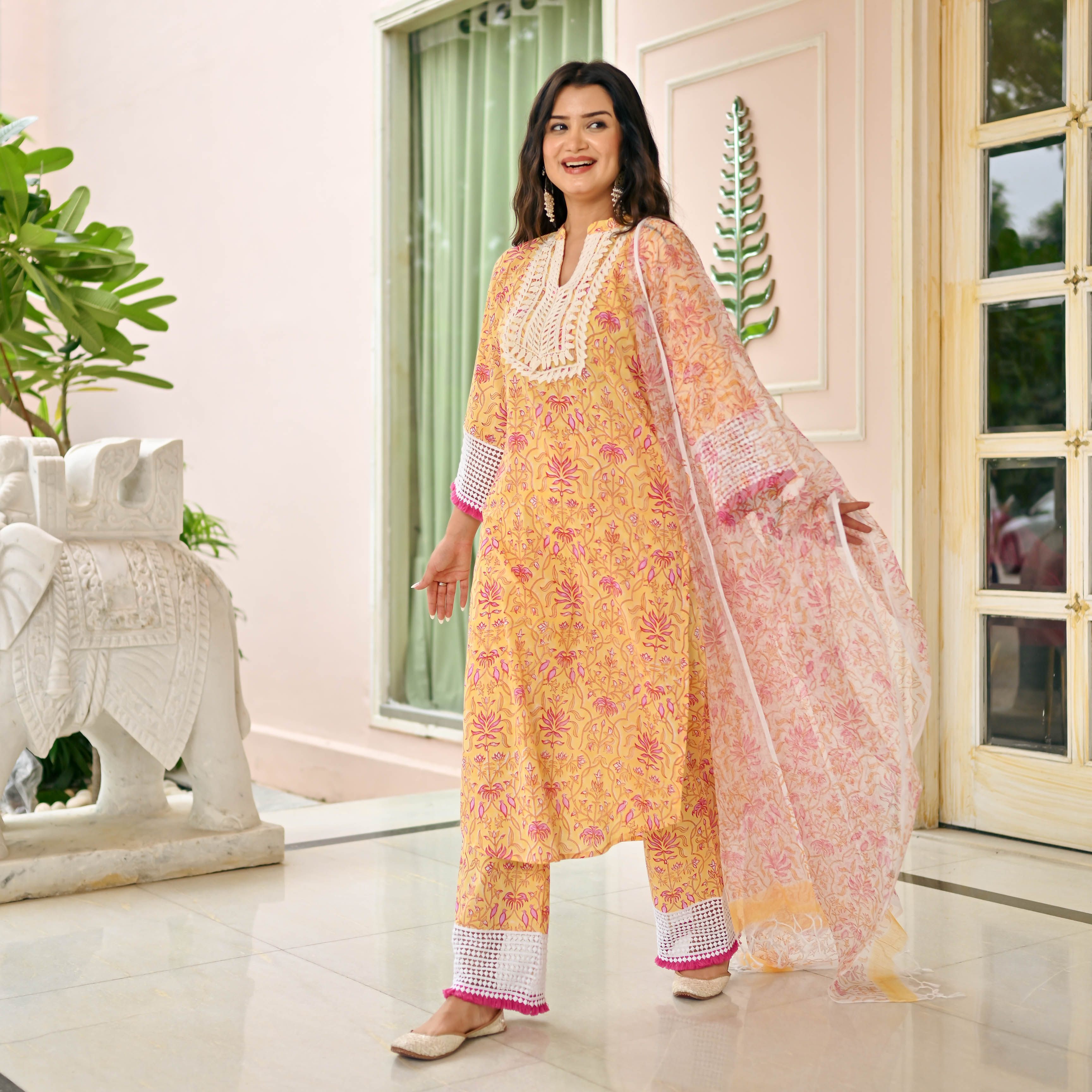 Yellow Pink Cotton Suit Set with Kota Doriya for Women Online