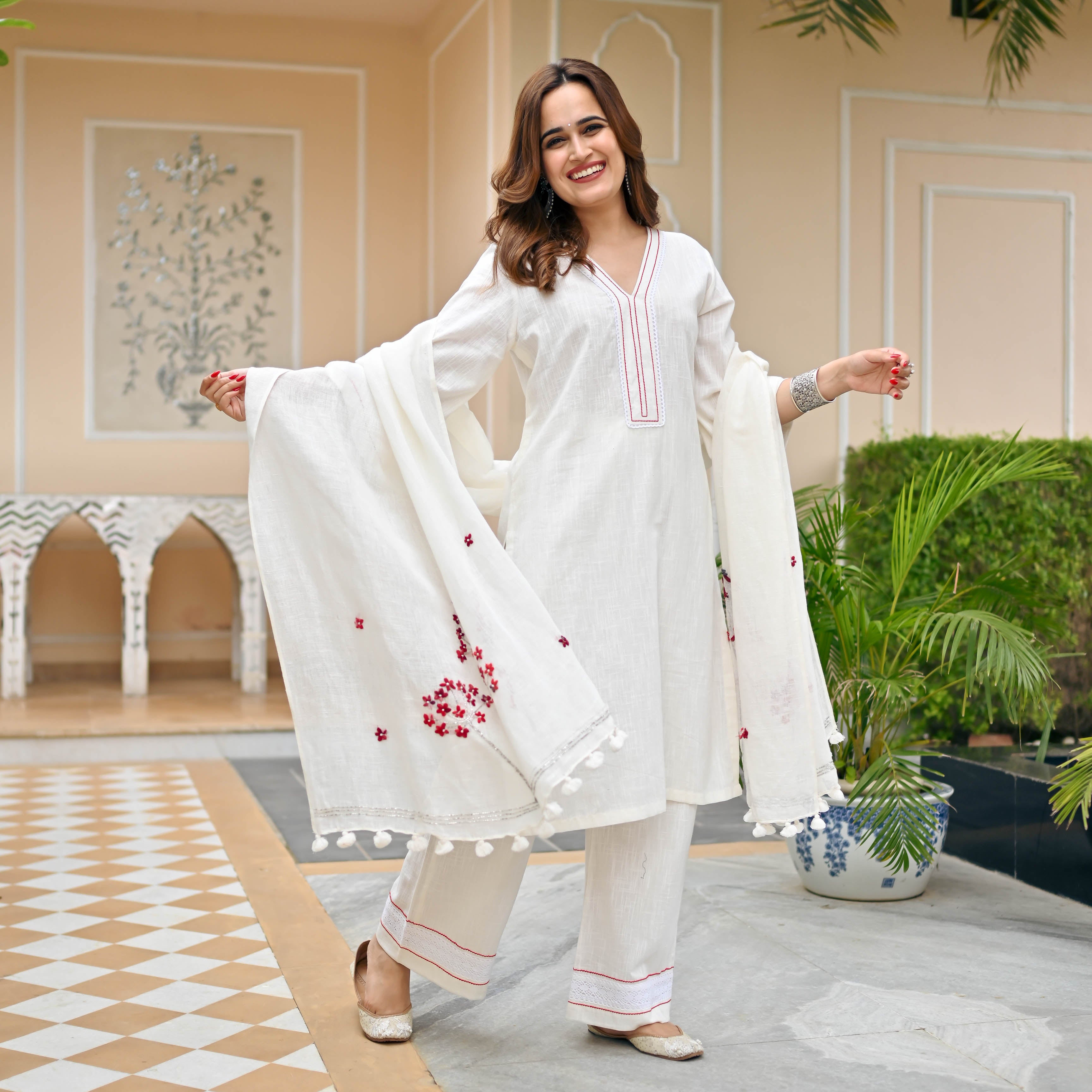 Megha White Suit With Embroidered Dupatta For Women Online