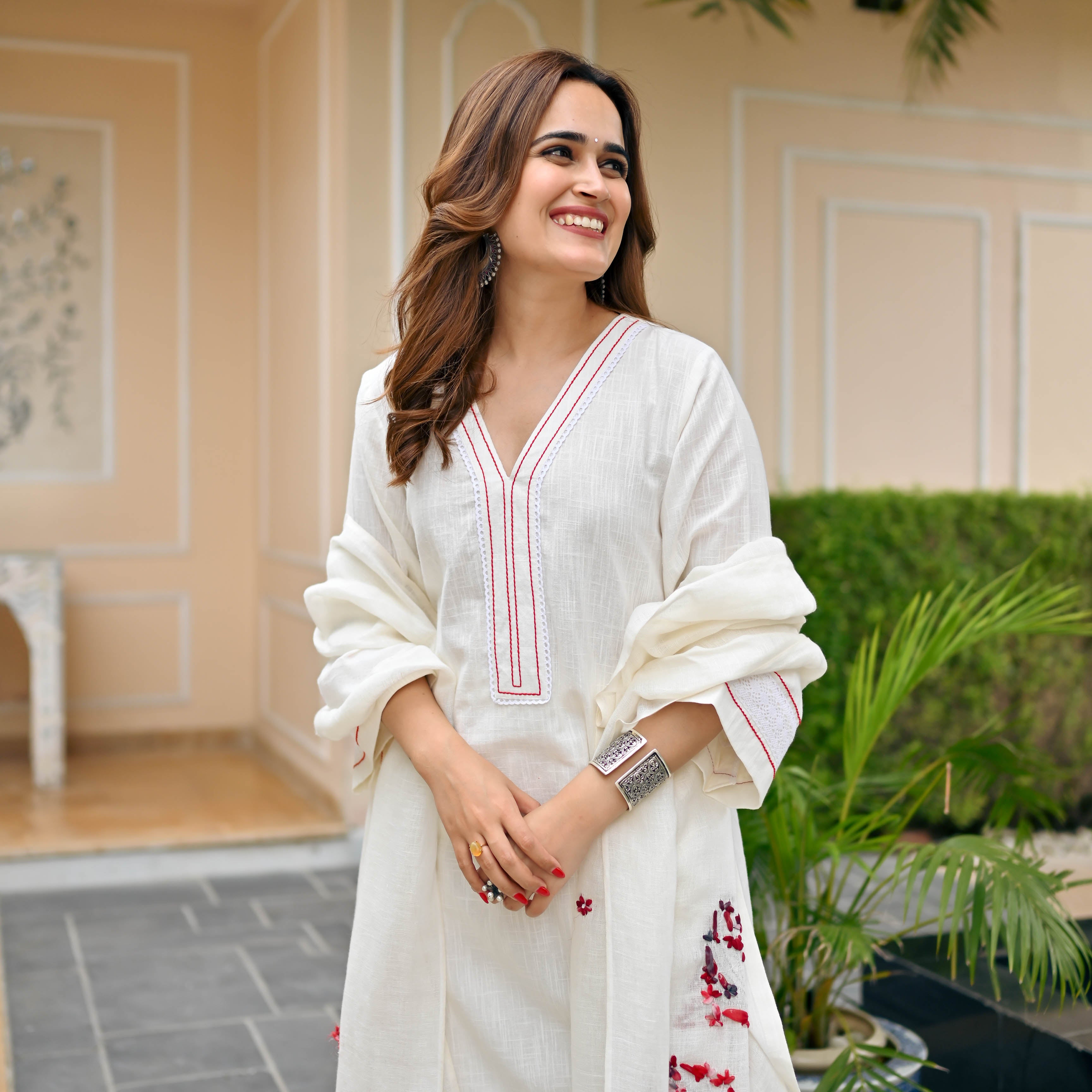 Megha White Suit With Embroidered Dupatta For Women Online