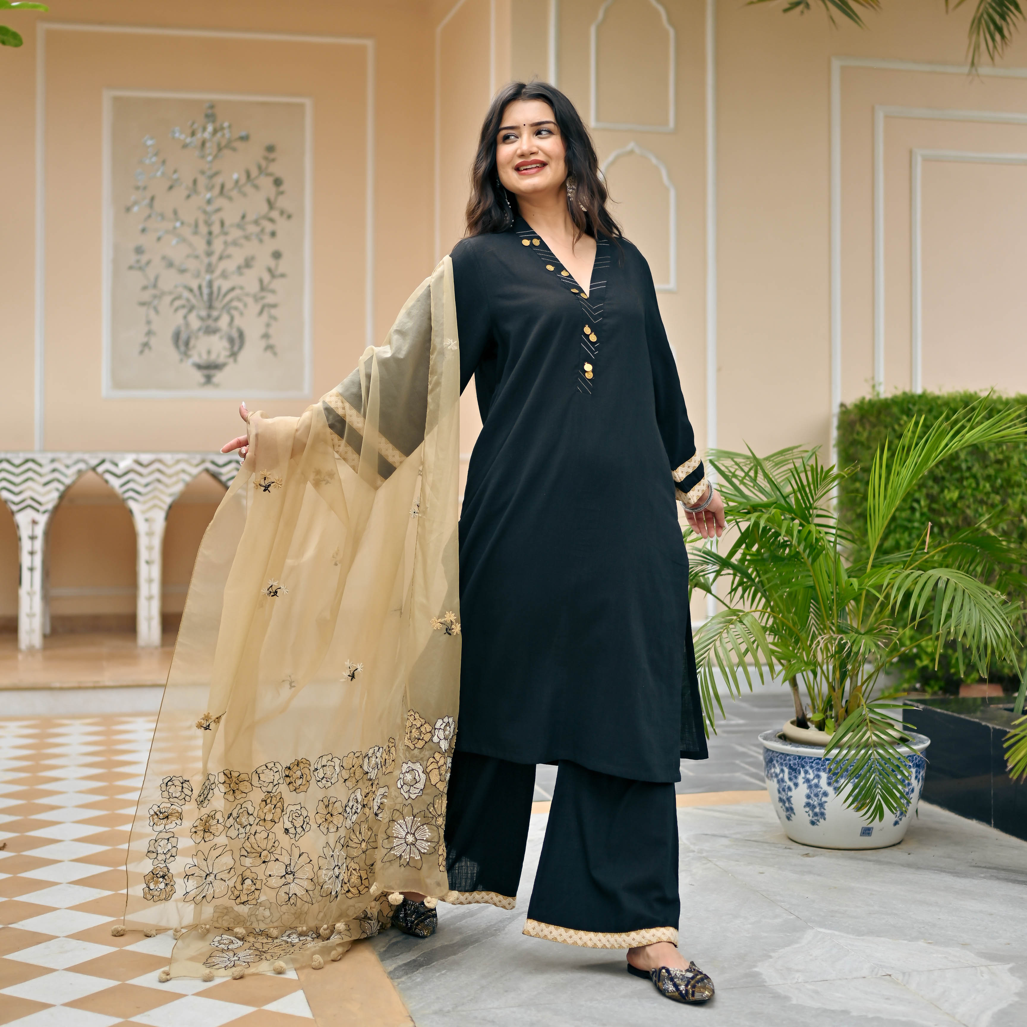 Midnight Black Suit With Embroidered Dupatta For Women Online
