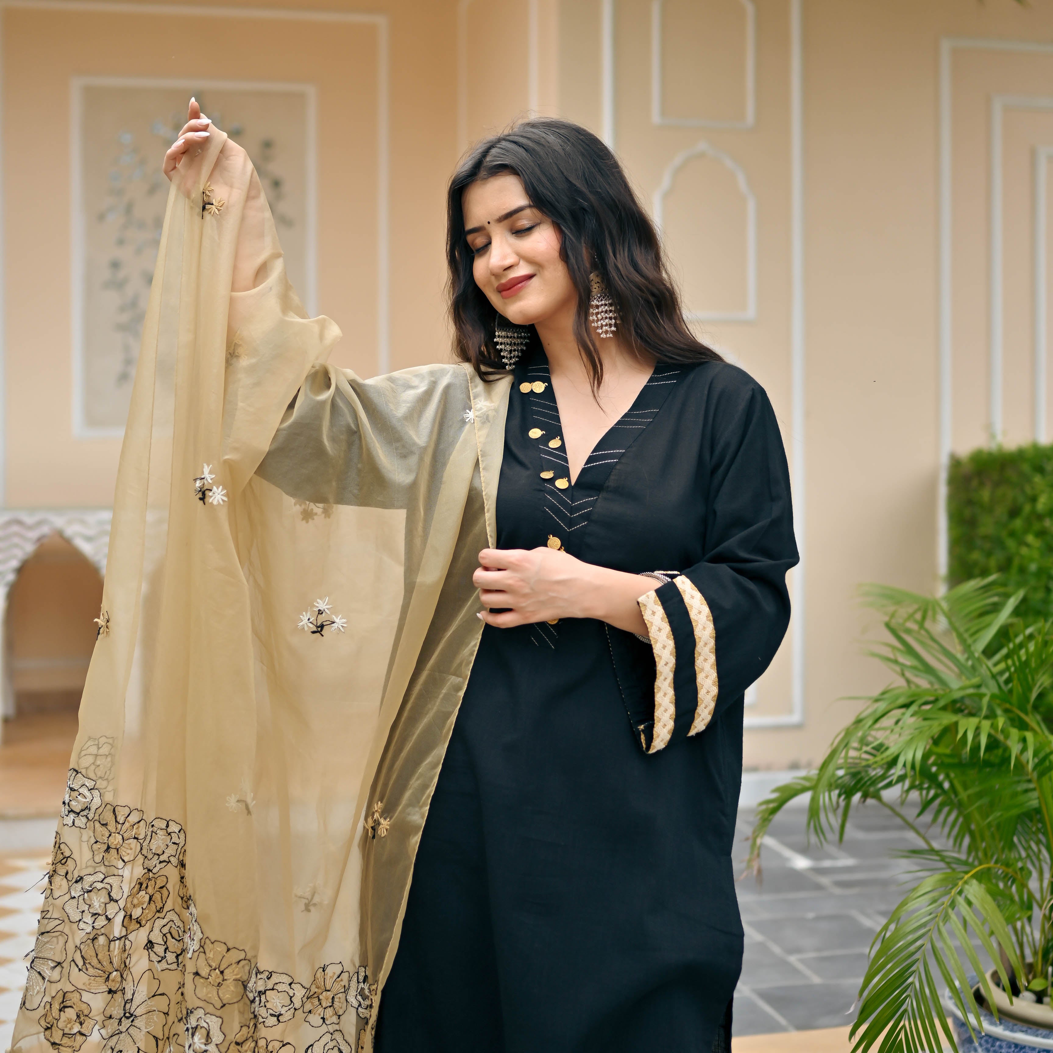 Midnight Black Suit With Embroidered Dupatta For Women Online