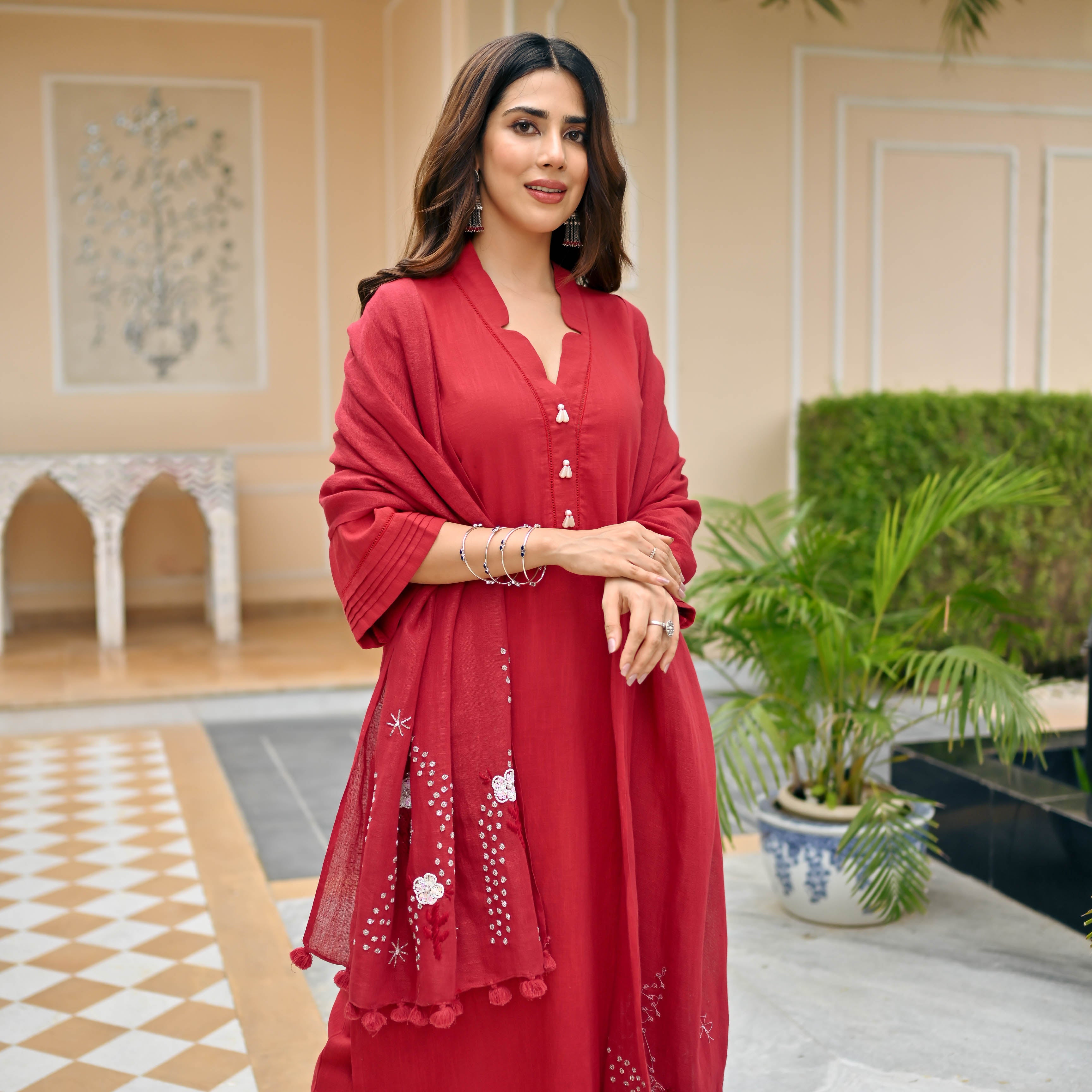 Garnet Glow Red Suit With Embroidered Dupatta For Women Online
