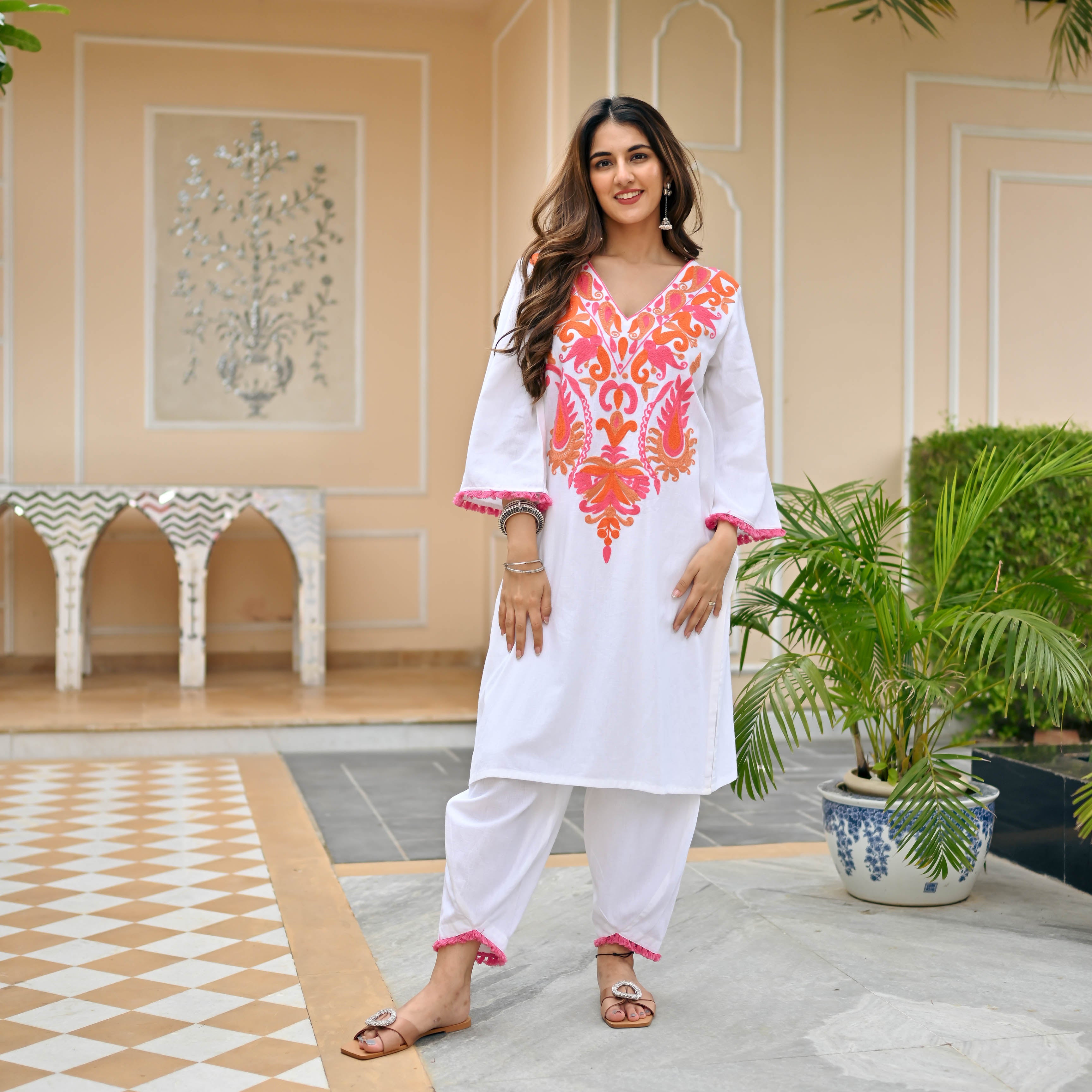 White Pink Floral Embroidered Cotton Co-ord Set For Women Online
