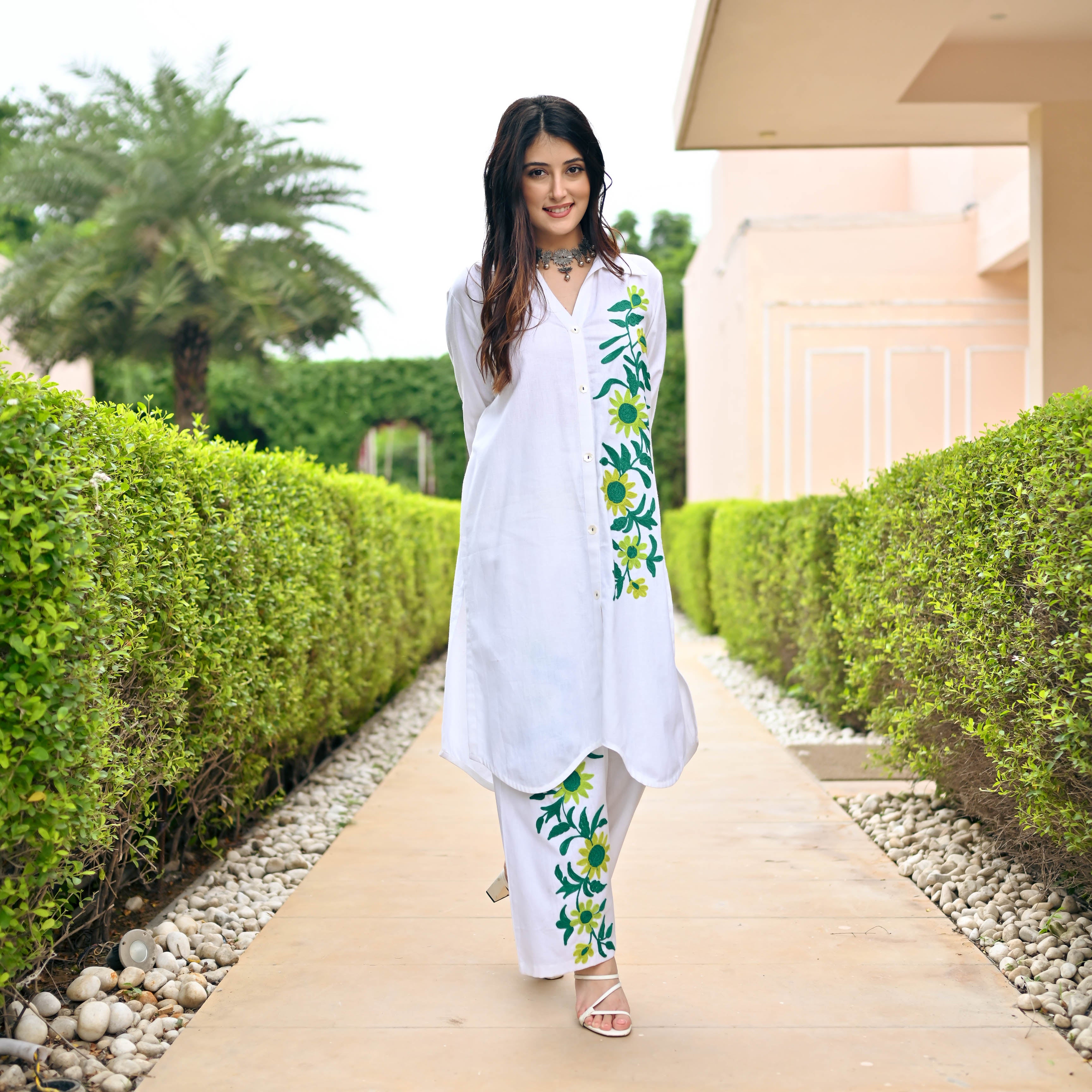White Green Floral Embroidered Cotton Co-ord Set For Women Online