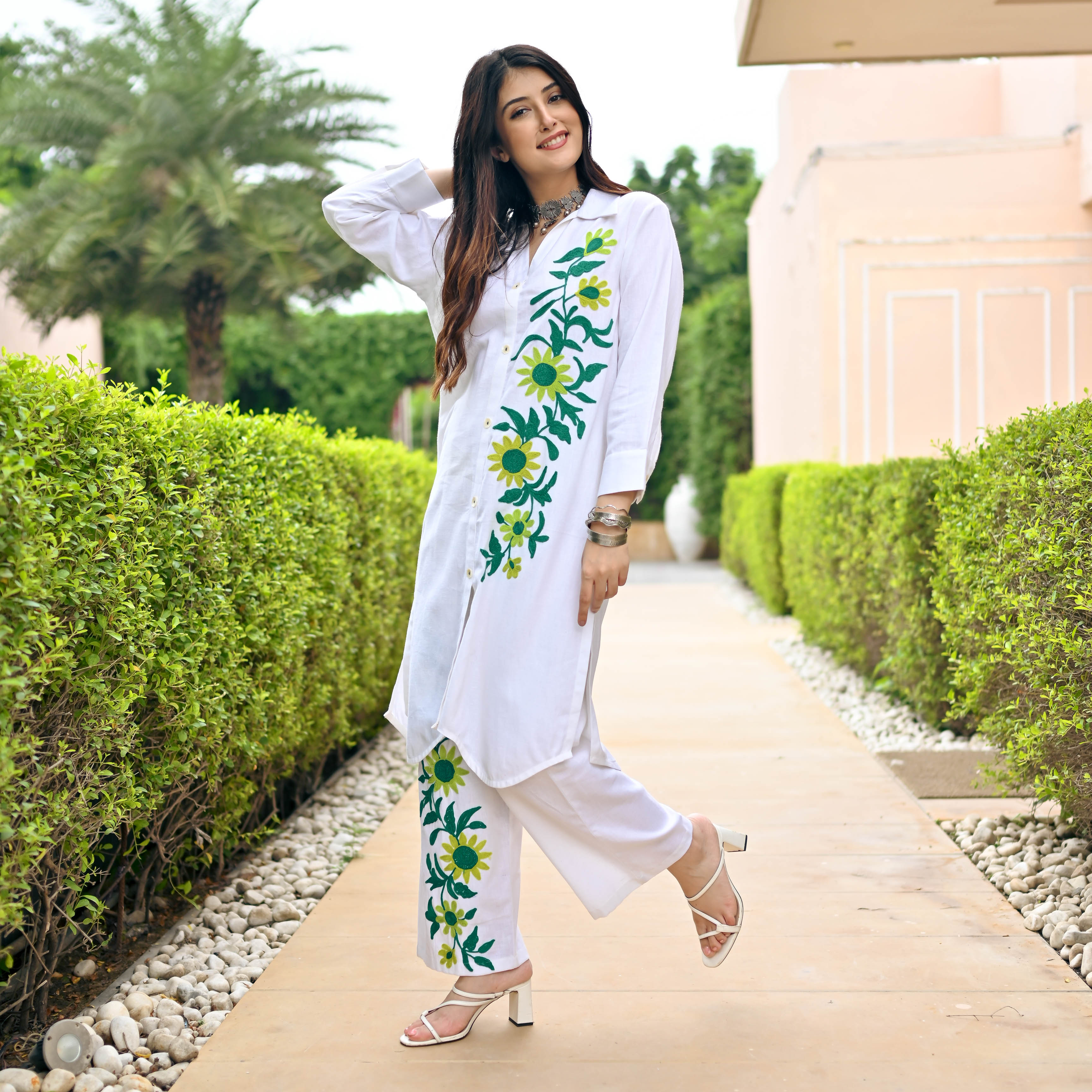 White Green Floral Embroidered Cotton Co-ord Set For Women Online