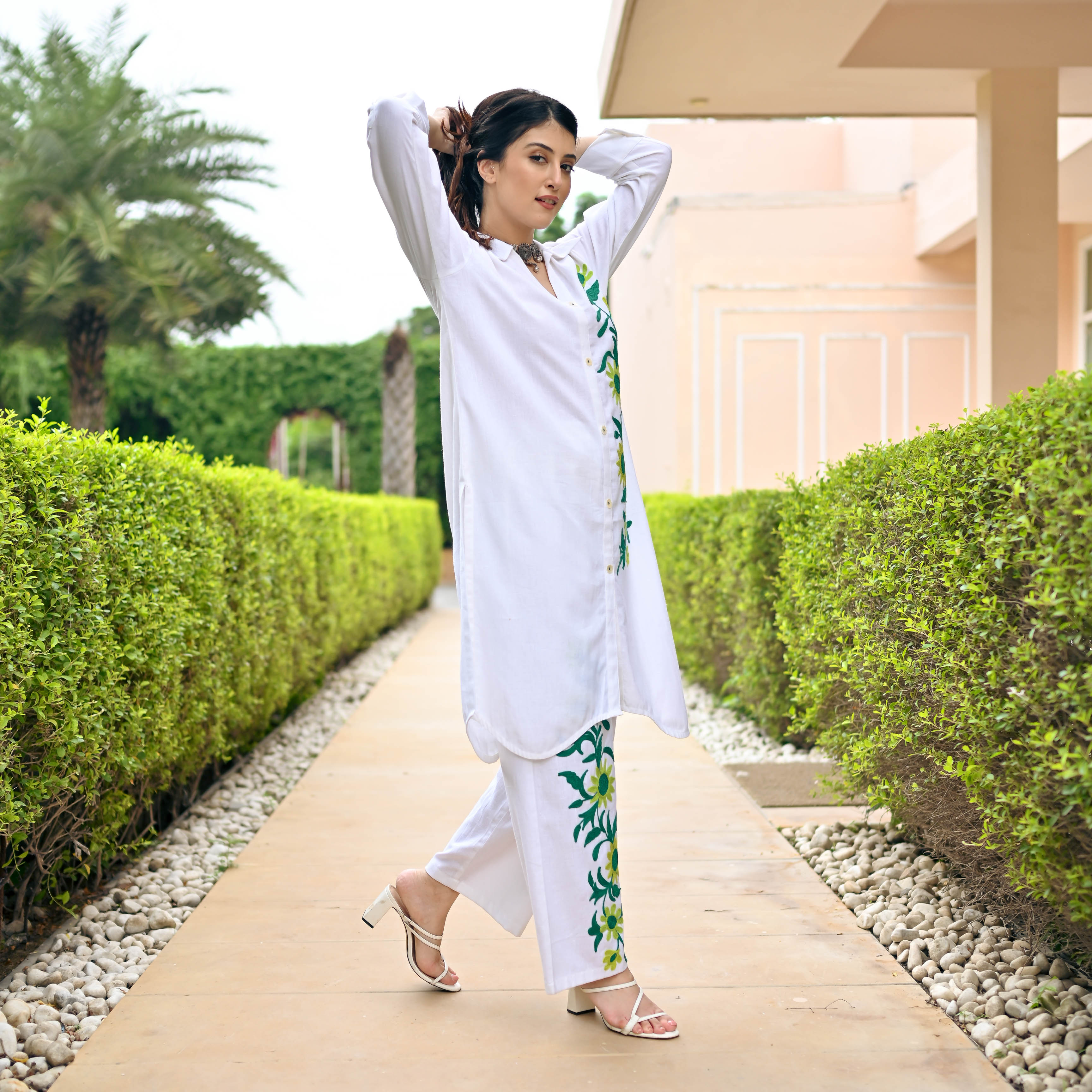 White Green Embroidered Co-ord Set