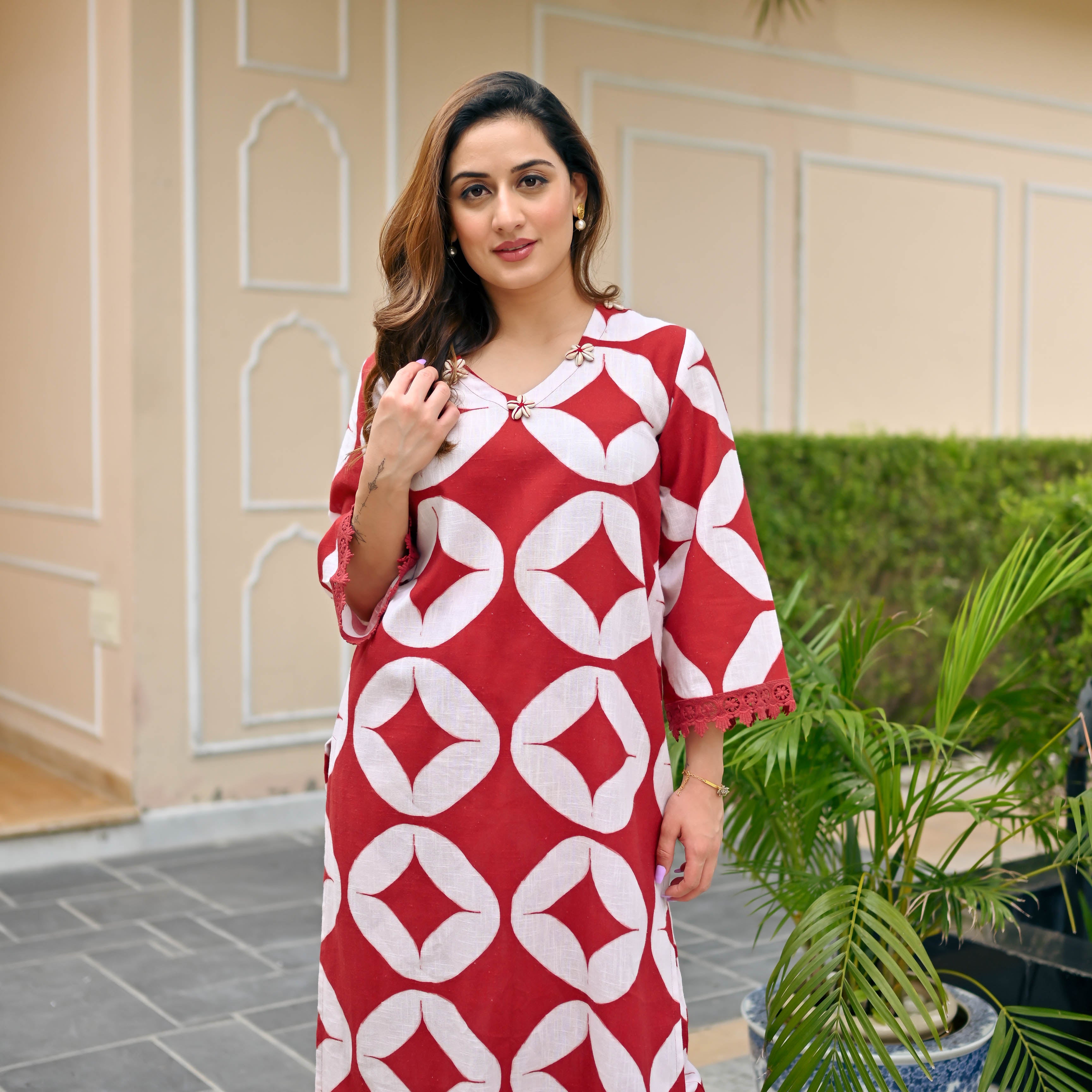 Sophia Symmetry Red White Designer Cotton Co-ord Set For Women Online