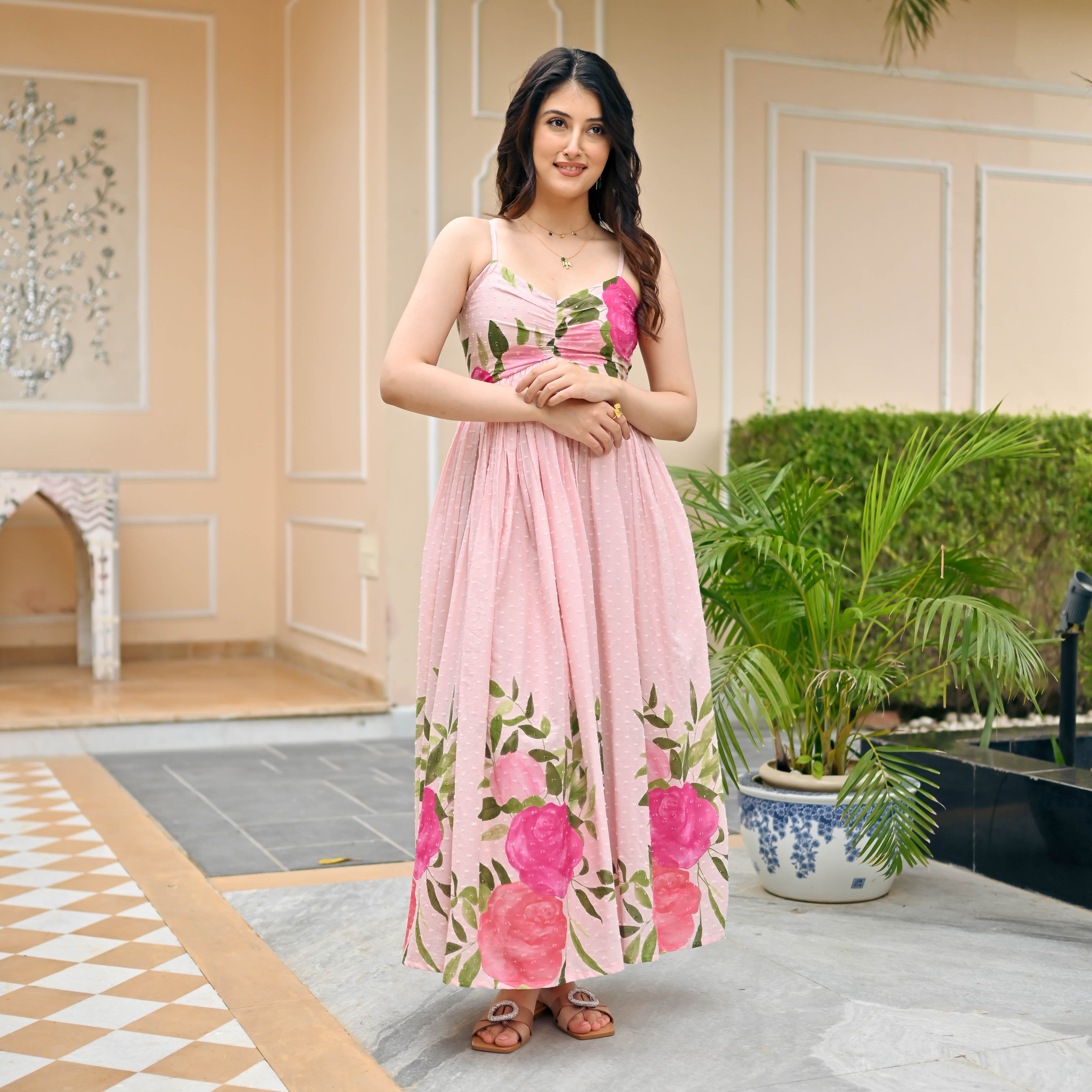 Pink Rose Cotton Dobby Dress for Women Online